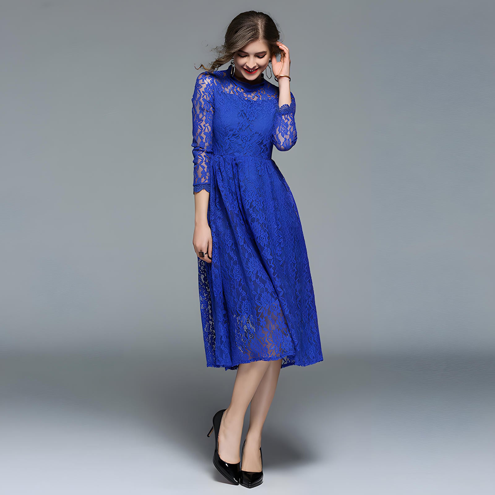 Luxury French Lace High Neck Retro Electric Blue Dress - 405#609 (EOSS)