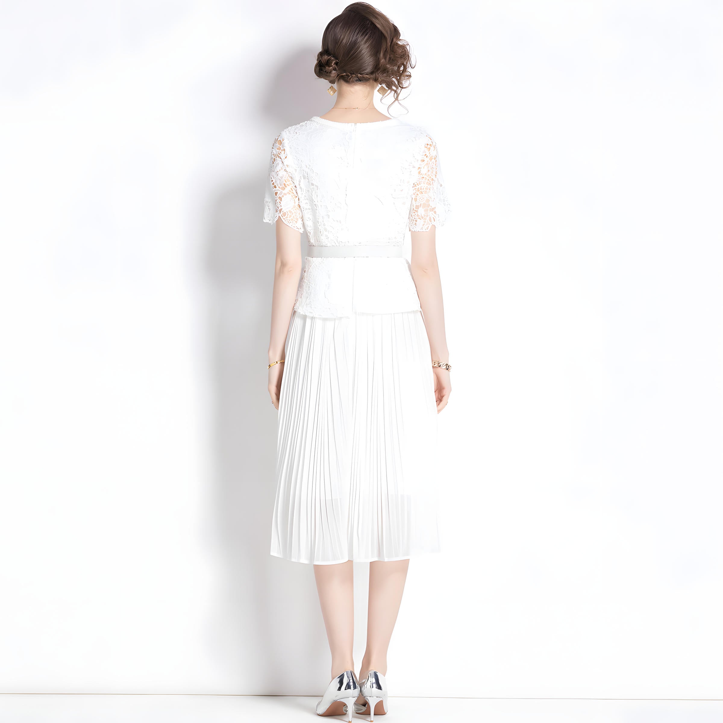 French Lace Jacket Top Pleated Skirt White Dress With Belt - 782041769039_BAS