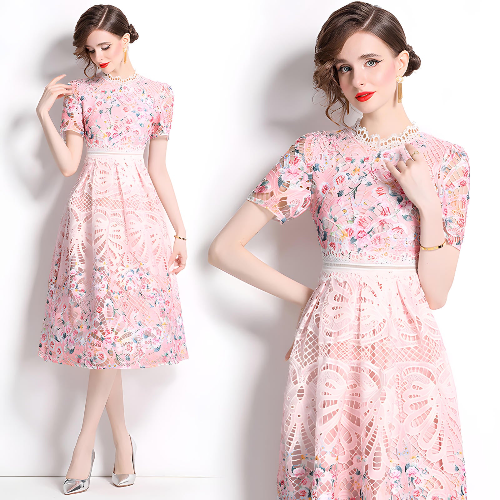 Printed Flower French Lace Jewel Neckline Dress - 802268282091_BAS