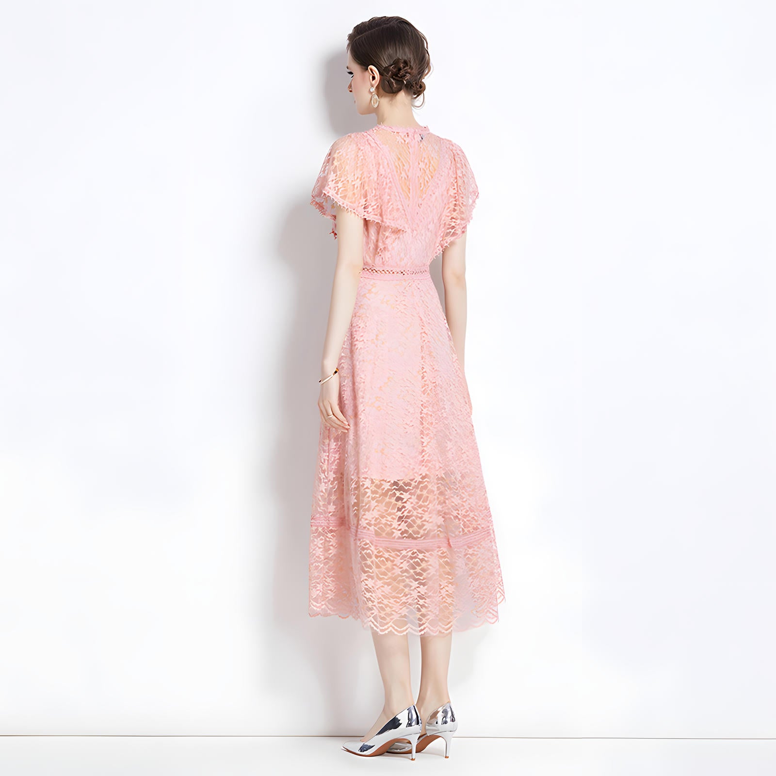 Luxury French Lace Round Neck Butterfly Sleeve Pink Dress - 787276650812