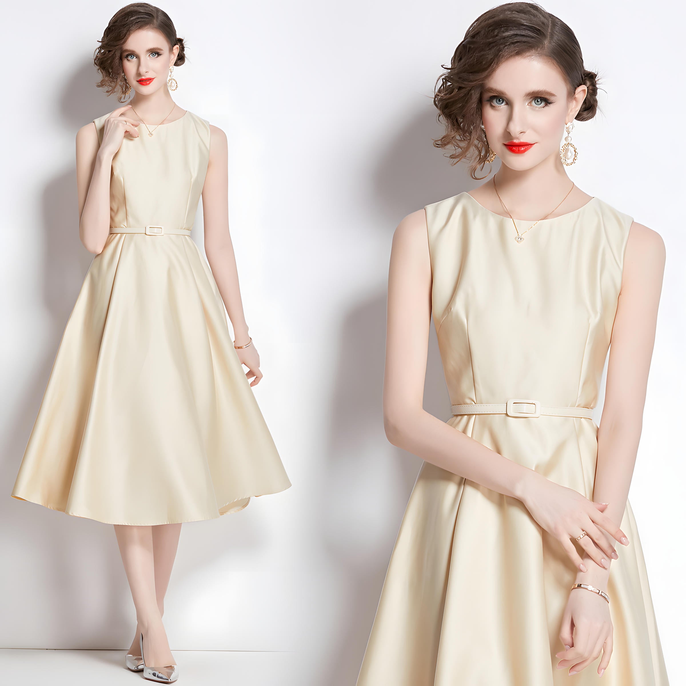 Princess Line Fitted Vest Apricot Sleeveless Satin Dress - 764153345733_BAS
