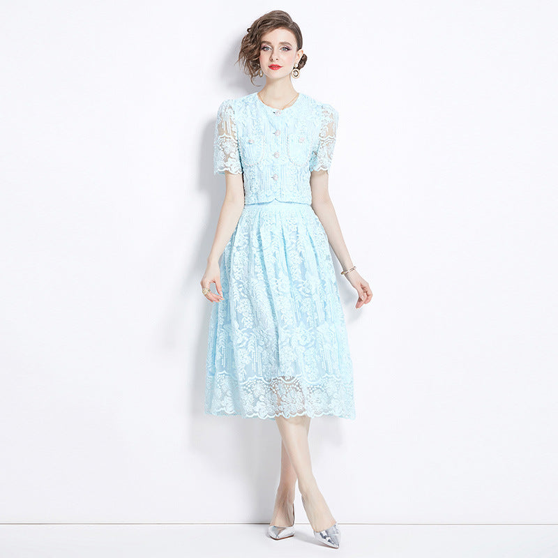 Embroidered French Lace Single Breasted Blouse and Skirt Two Piece Sky Blue Set - 791563752383_BAS