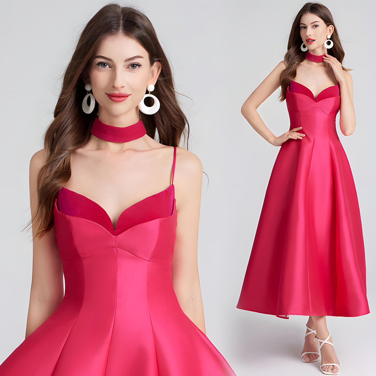 Sweetheart Neckline Rose Red Satin Party Dress with a Hepburn-Style Skirt Fitted Bodice and Neck Band - 800116697016_ROS
