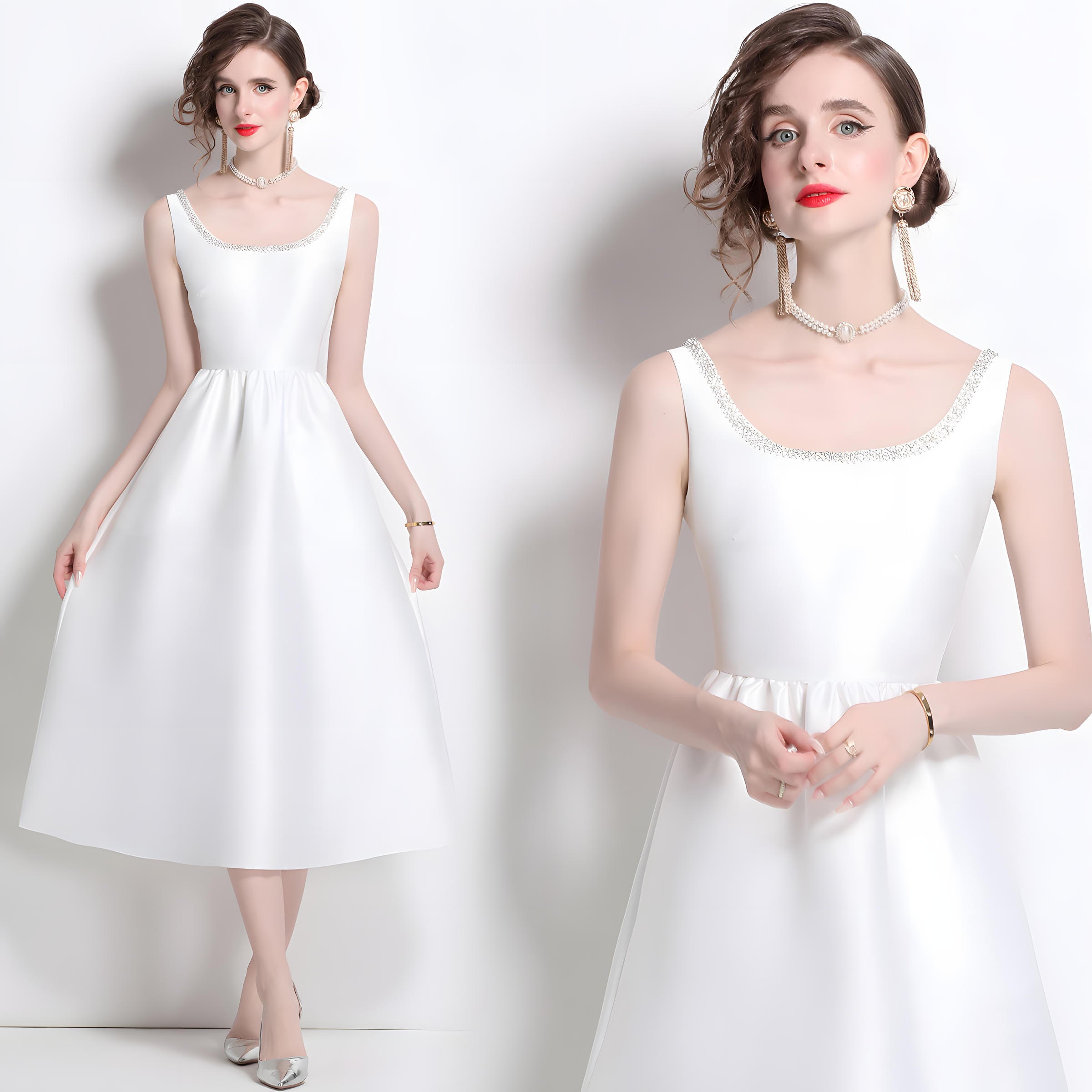 Fitted Vest Armhole Dart White Satin Dress With Jewel Embellished Neckline - 817042148843_BAS