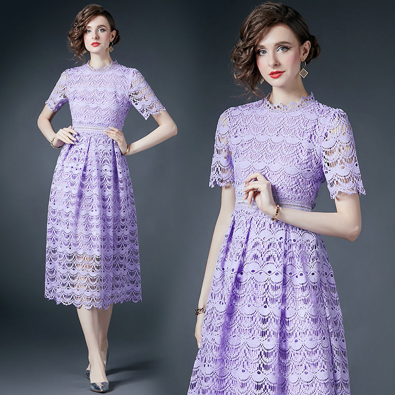 French Crocheted Lace Round Neck A - Line Lavender Dress - 780762721926
