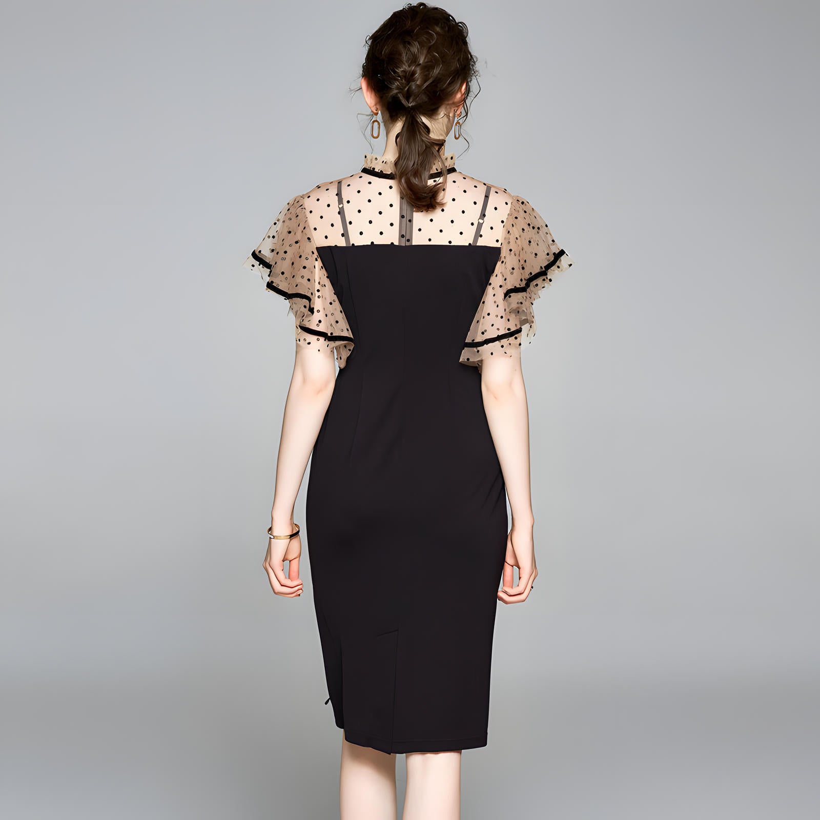 Butterfly Sleeve Satin Neck Bow Tie High Neck Polka Dot Mesh Black Sheath Dress - 618102369324_BAS