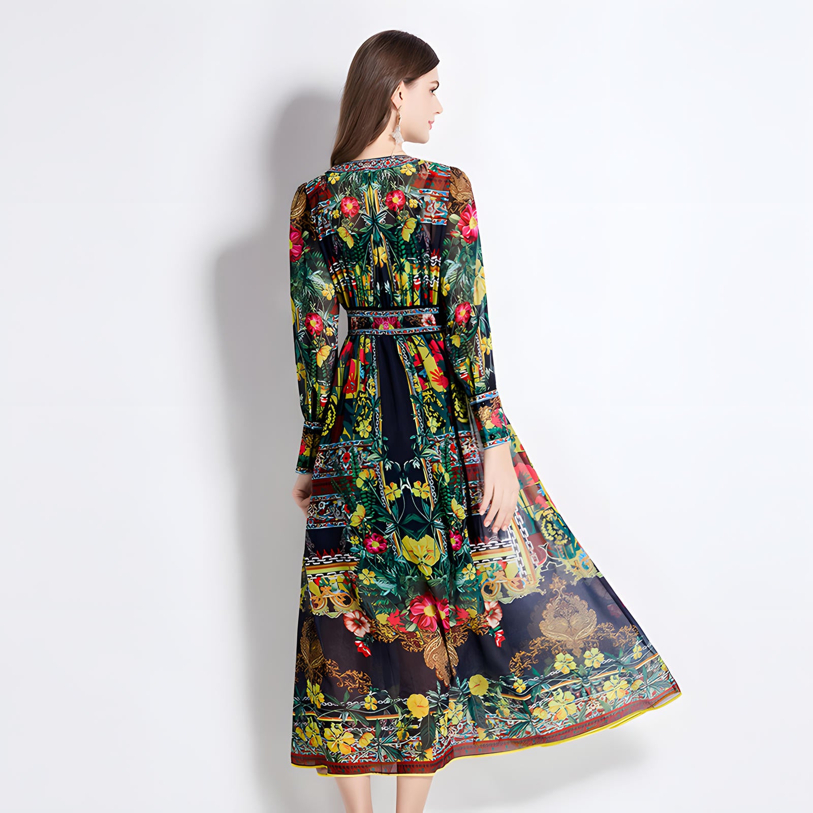 Printed Chiffon Plunging V - Neckline Elasticated Waist Front Split Long Dress - NRJ-720#2496