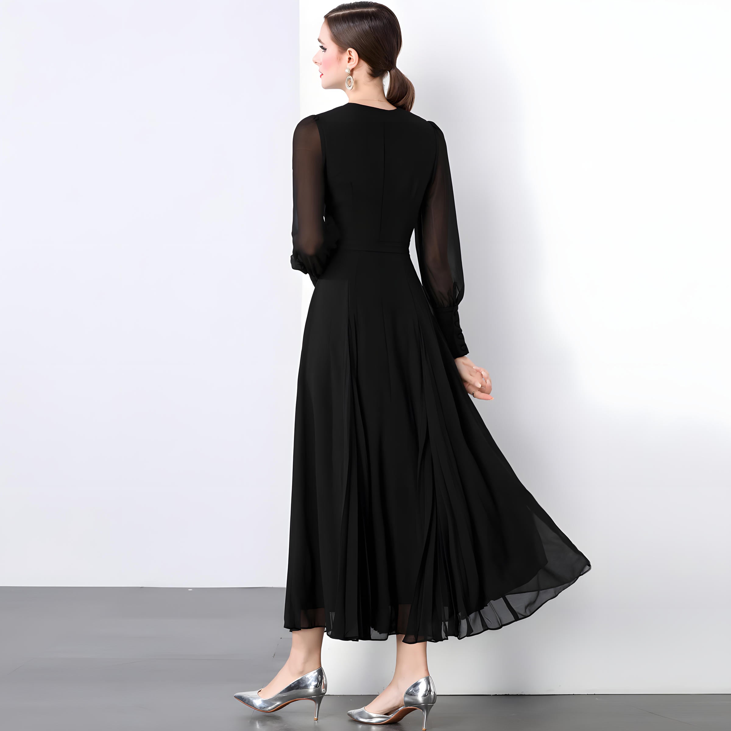 Lantern Sleeve Chiffon Dress with Pleated Bust and Box Pleat Skirt - 833900044434_BLA