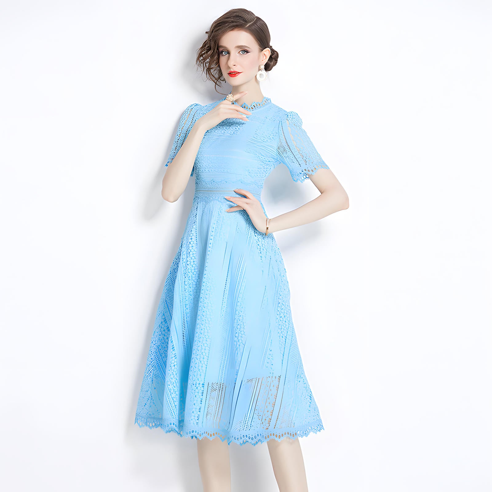 Luxury French Lace Jewel Neckline Lake Blue Dress - 533#609_LAK