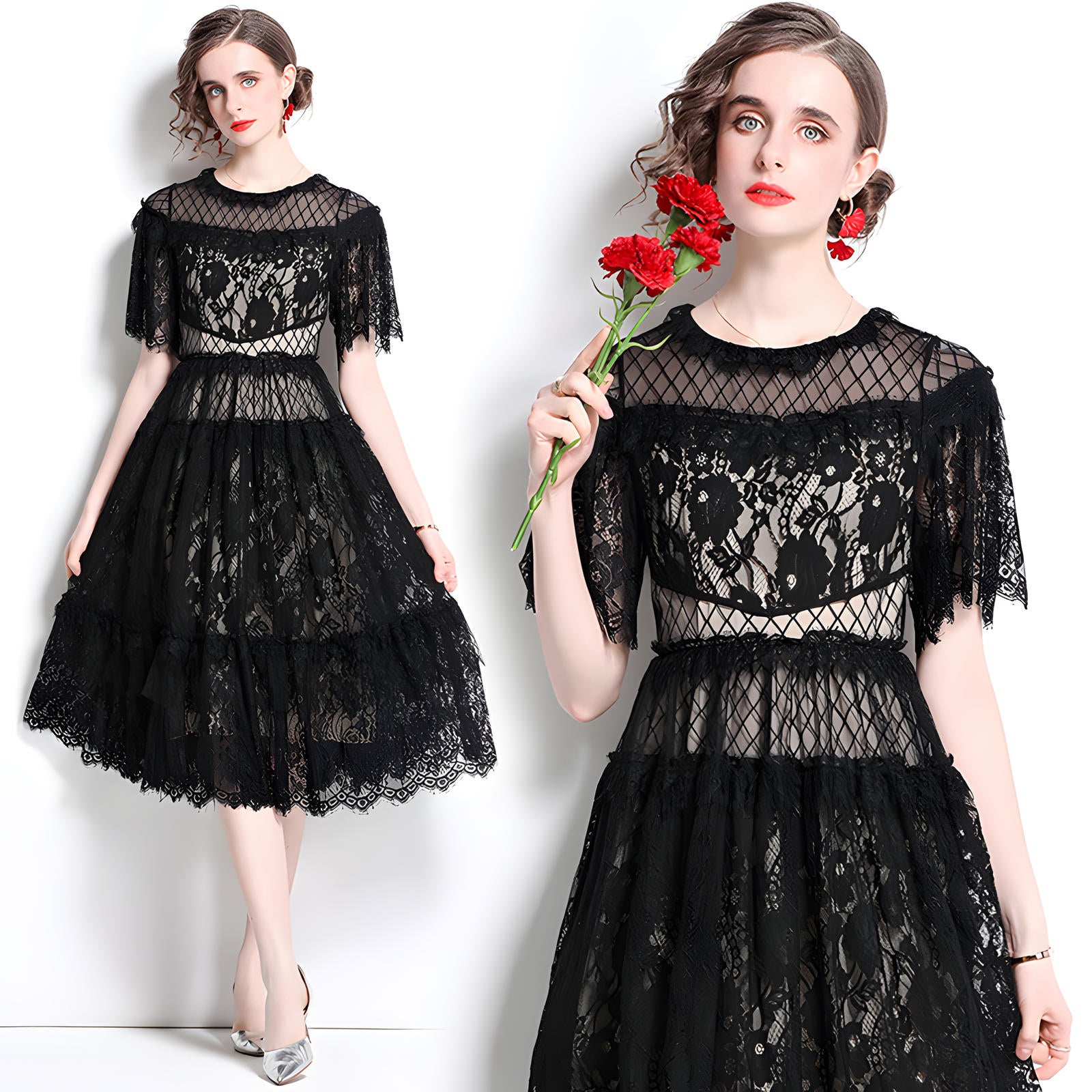 Luxury French Layered Lace Round Neck Midi Black Dress - 8993607