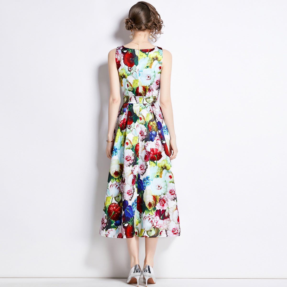 Sleeveless Boat Neck Fitted Vest Box Pleated Skirt Printed Satin Dress - 893#701