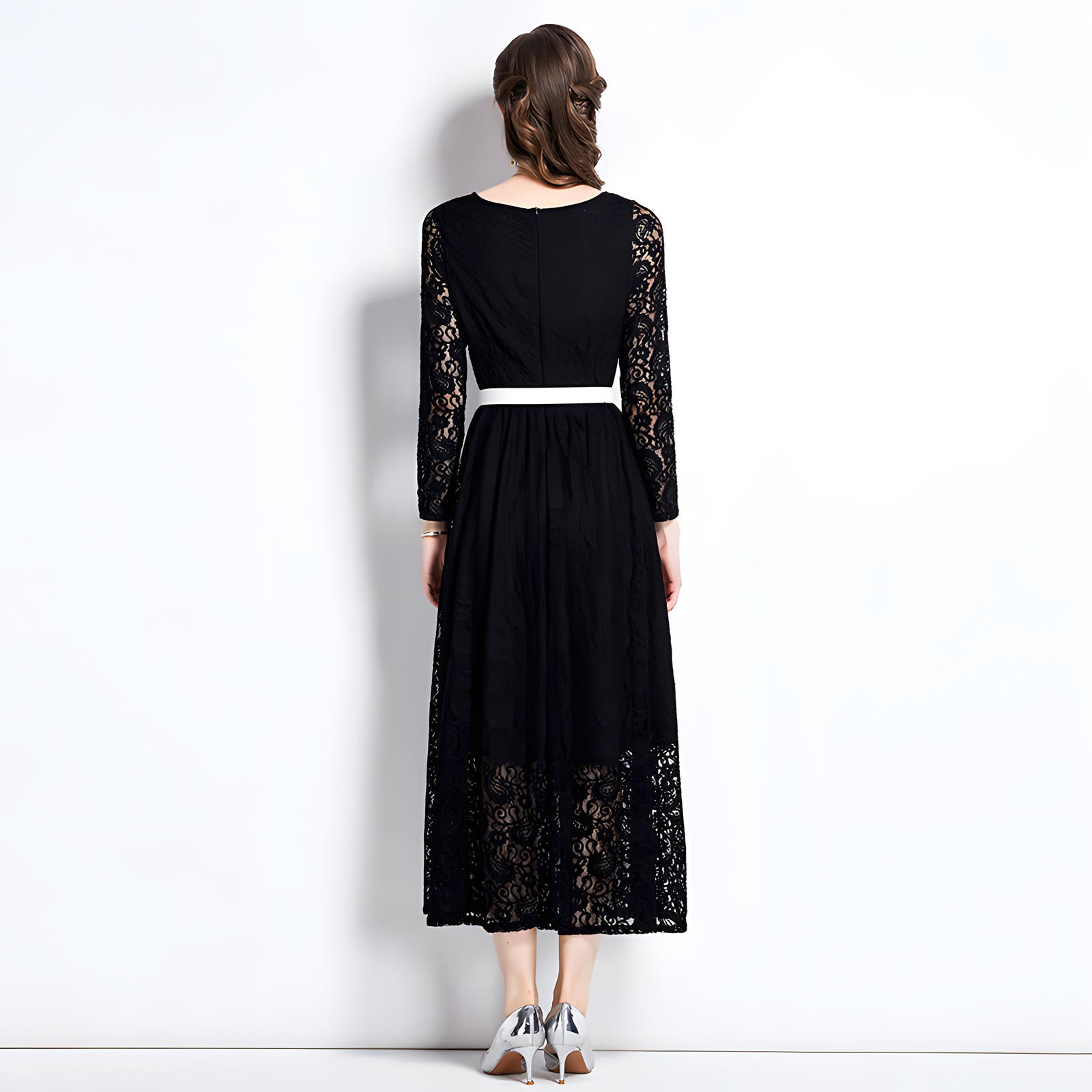 French Lace Long Sleeve Round Neck Long Dress With Belt - 751304773250