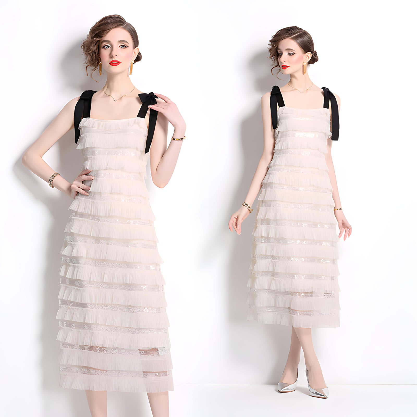 Multitier Ruffle Mesh Suspender Dress With Sequin Embroidery - 804837667850_BAS