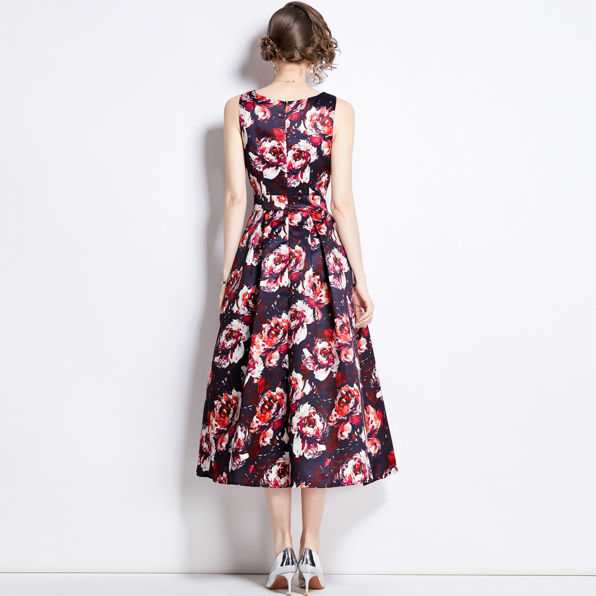 Sleeveless Boat Neck Fitted Vest Box Pleated Skirt Printed Satin Dress - 898#701