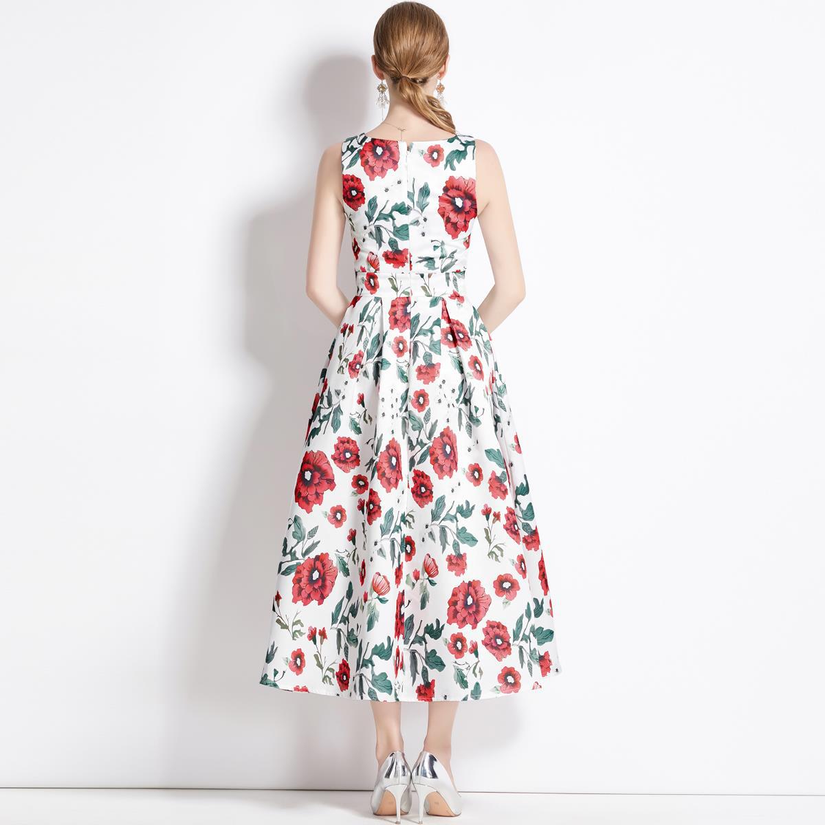 Sleeveless Boat Neck Fitted Vest Box Pleated Skirt Printed Satin Dress - 9086#701