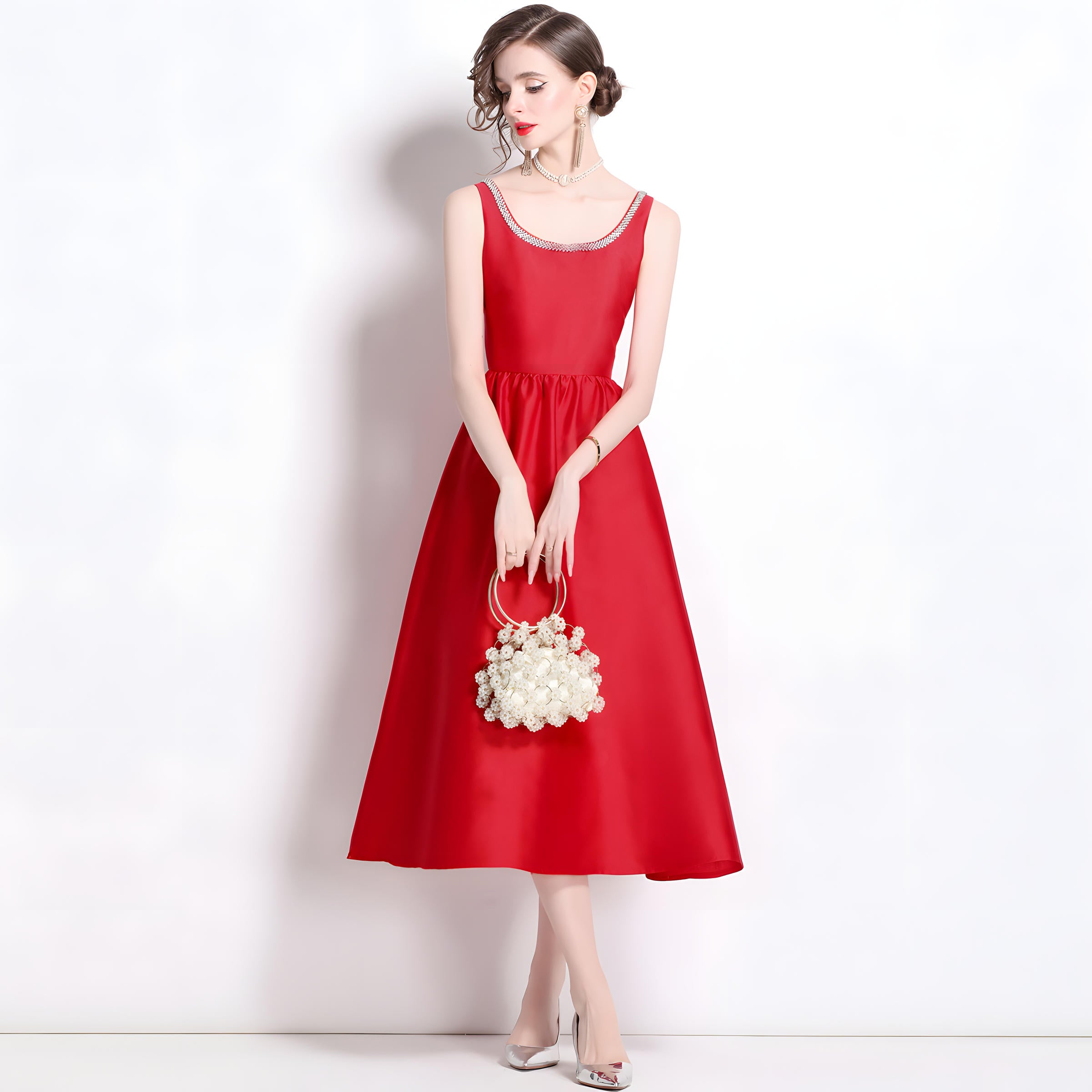 Fitted Vest Armhole Dart Red Satin Dress With Jewel Embellished Neckline - 816757242555_BAS