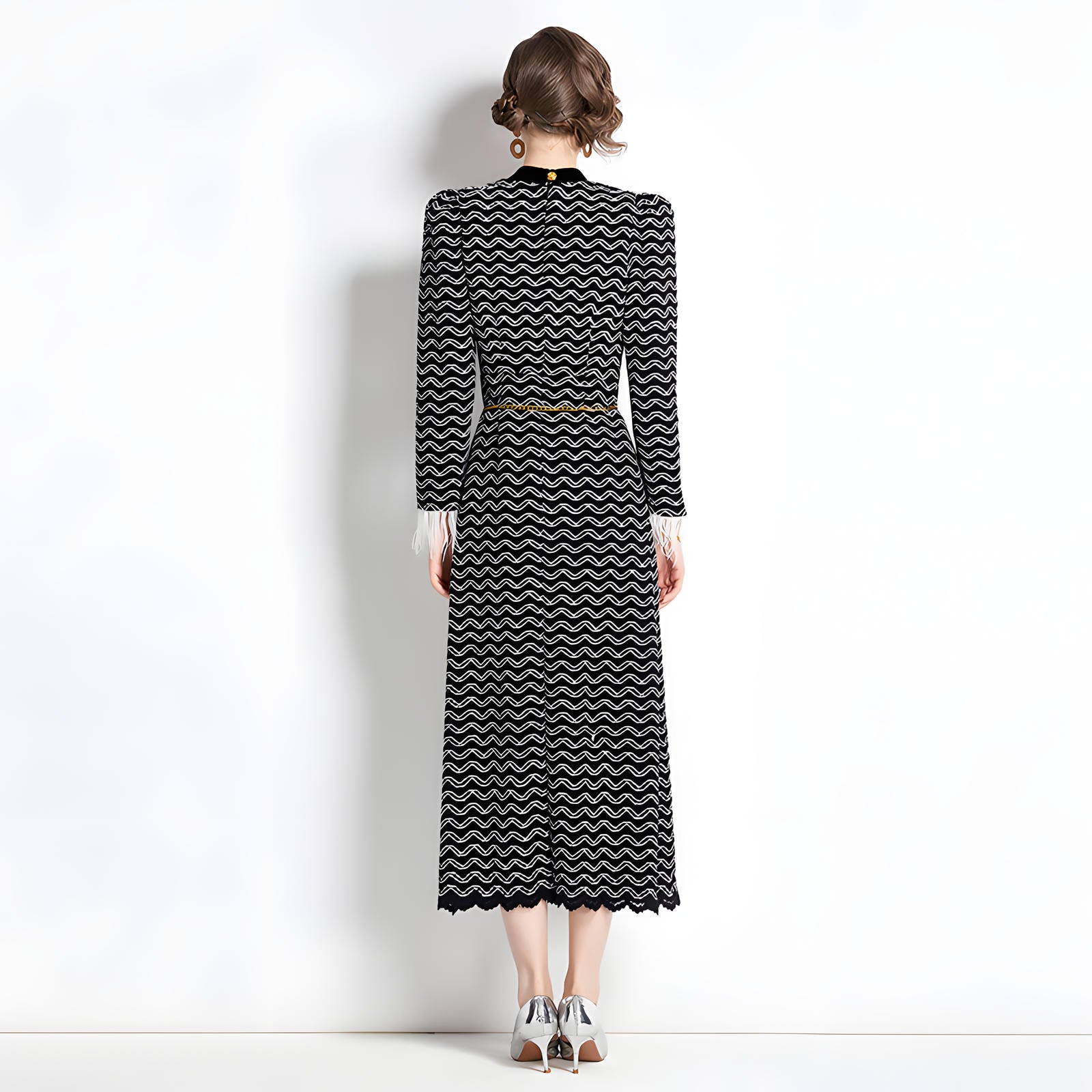 Feather Stitched Full Sleeves Thickened Fabric High Neck Body-fit Dress With Waist Chain - 750531053744_BLA