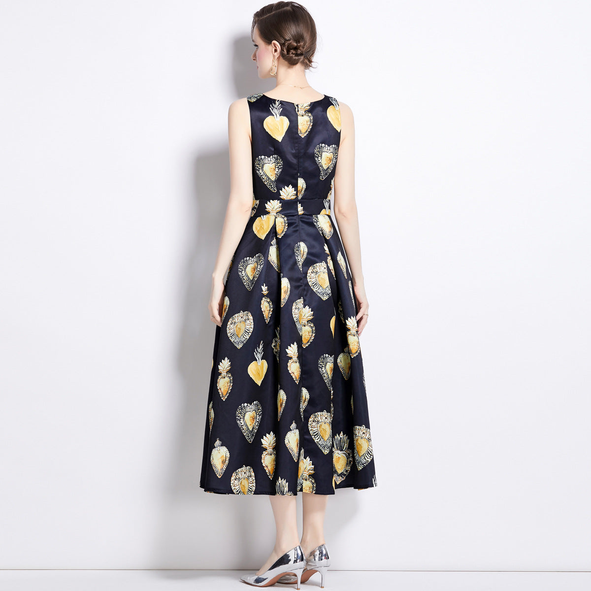 Sleeveless Boat Neck Fitted Vest Box Pleated Skirt Printed Satin Dress - NRJ -701-B#6650