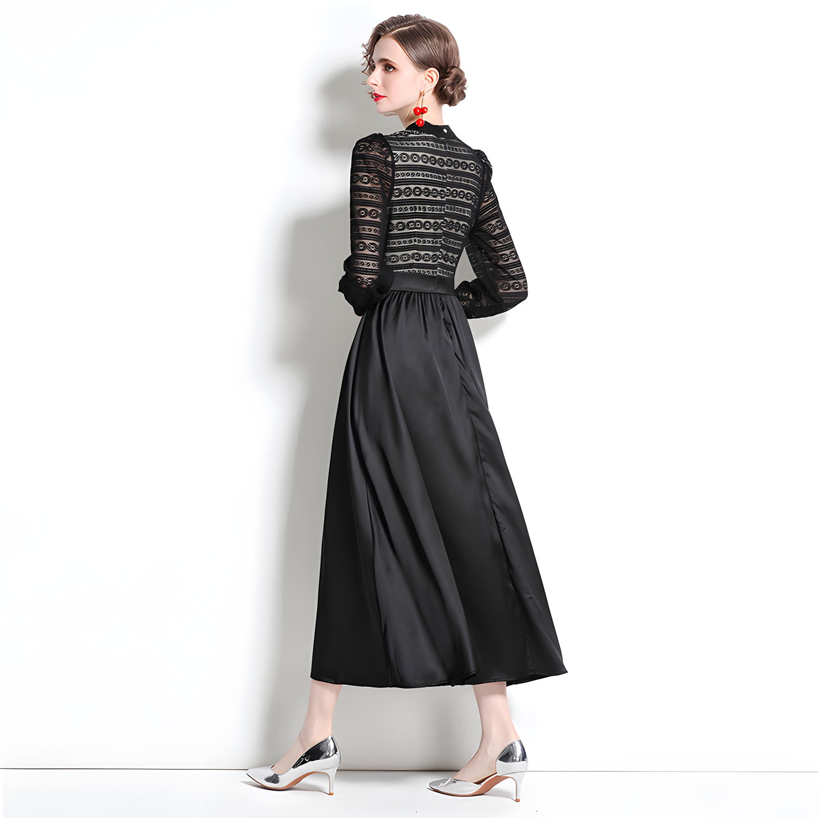 French Lace Nude Lining Vest Black Dress With Satin Skirt - 668632162100_BAS