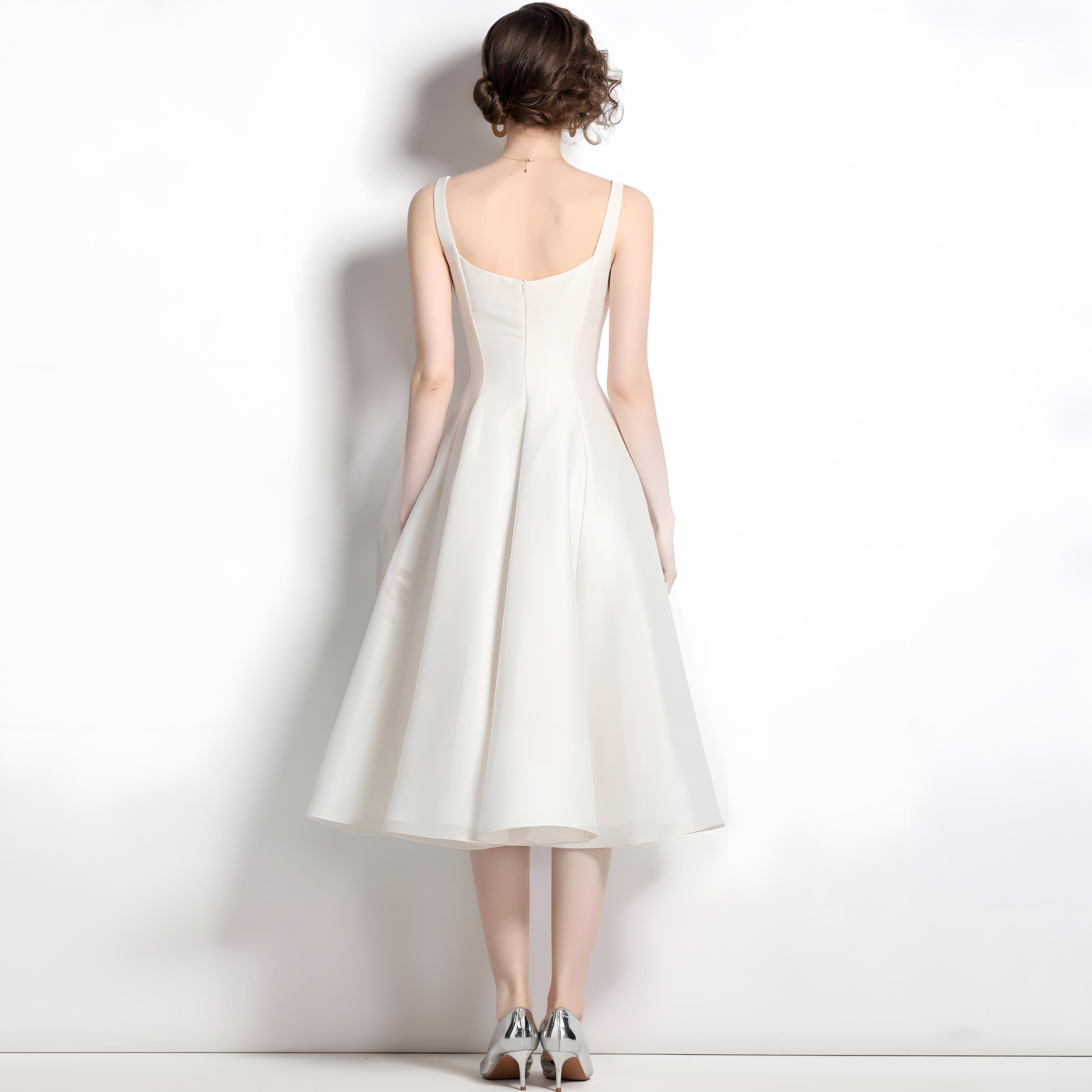 Retro Style Hepburn Skirt Fitted Vest Suspender White Satin Dress - 709210134751_BAS