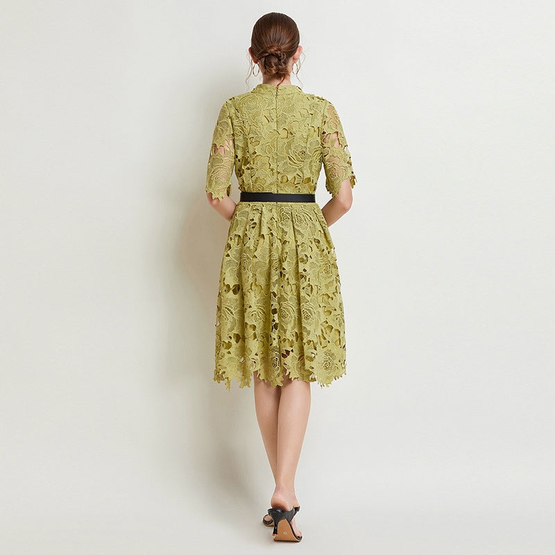 French Lace high Neck Short Dress With Belt - 812368811391_GRE