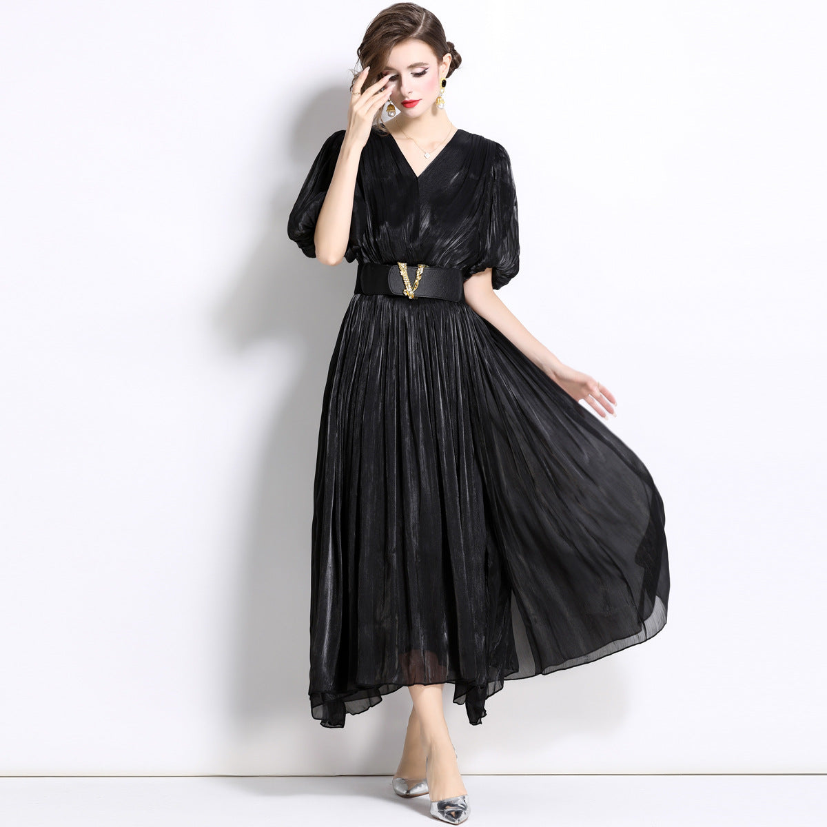 Glossy Pearlescent Chiffon Satin Fabric Lantern Sleeve Black Dress with Belt - 826775506420_BAS