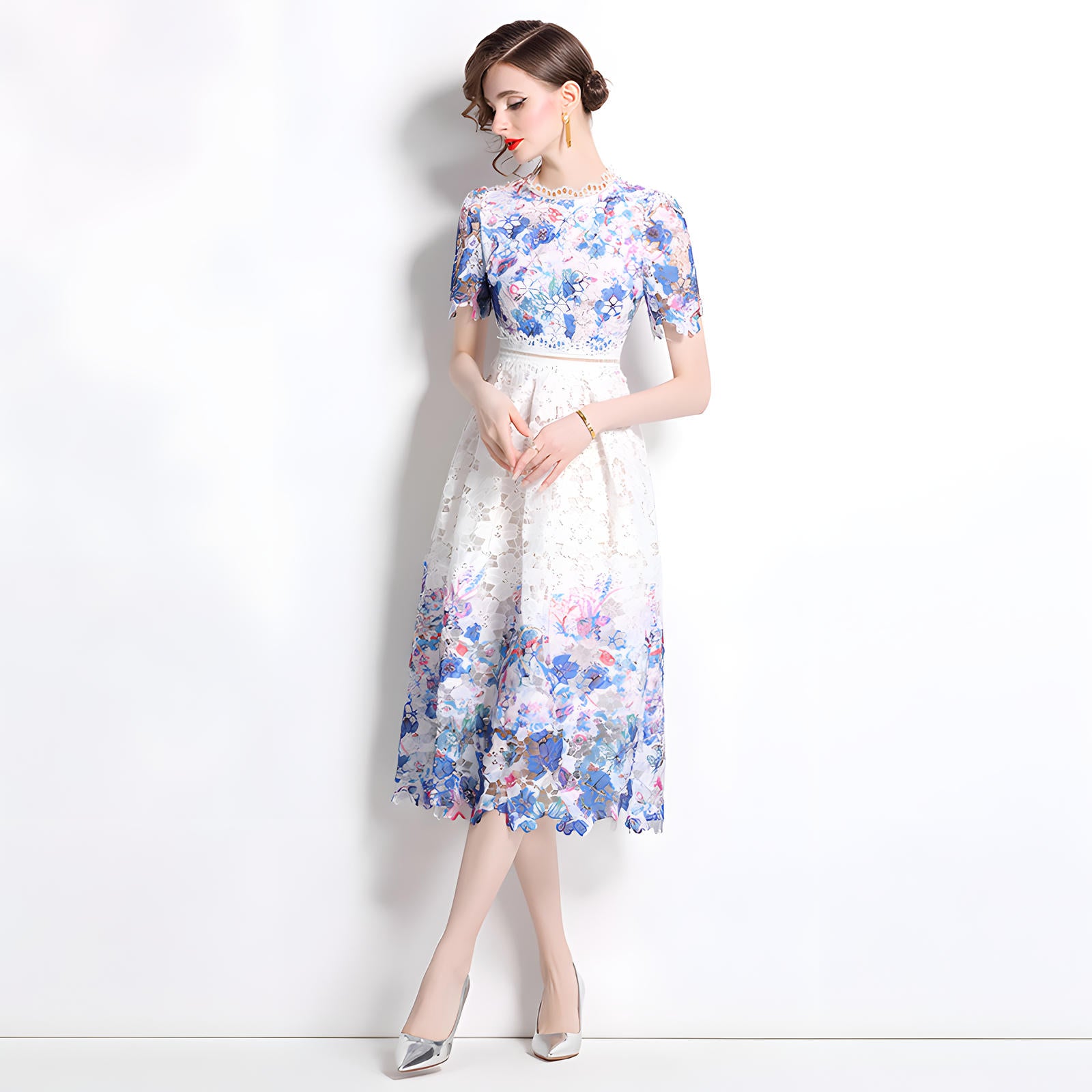 Printed Flower French Lace Jewel Neckline Dress - 802259454622_BAS