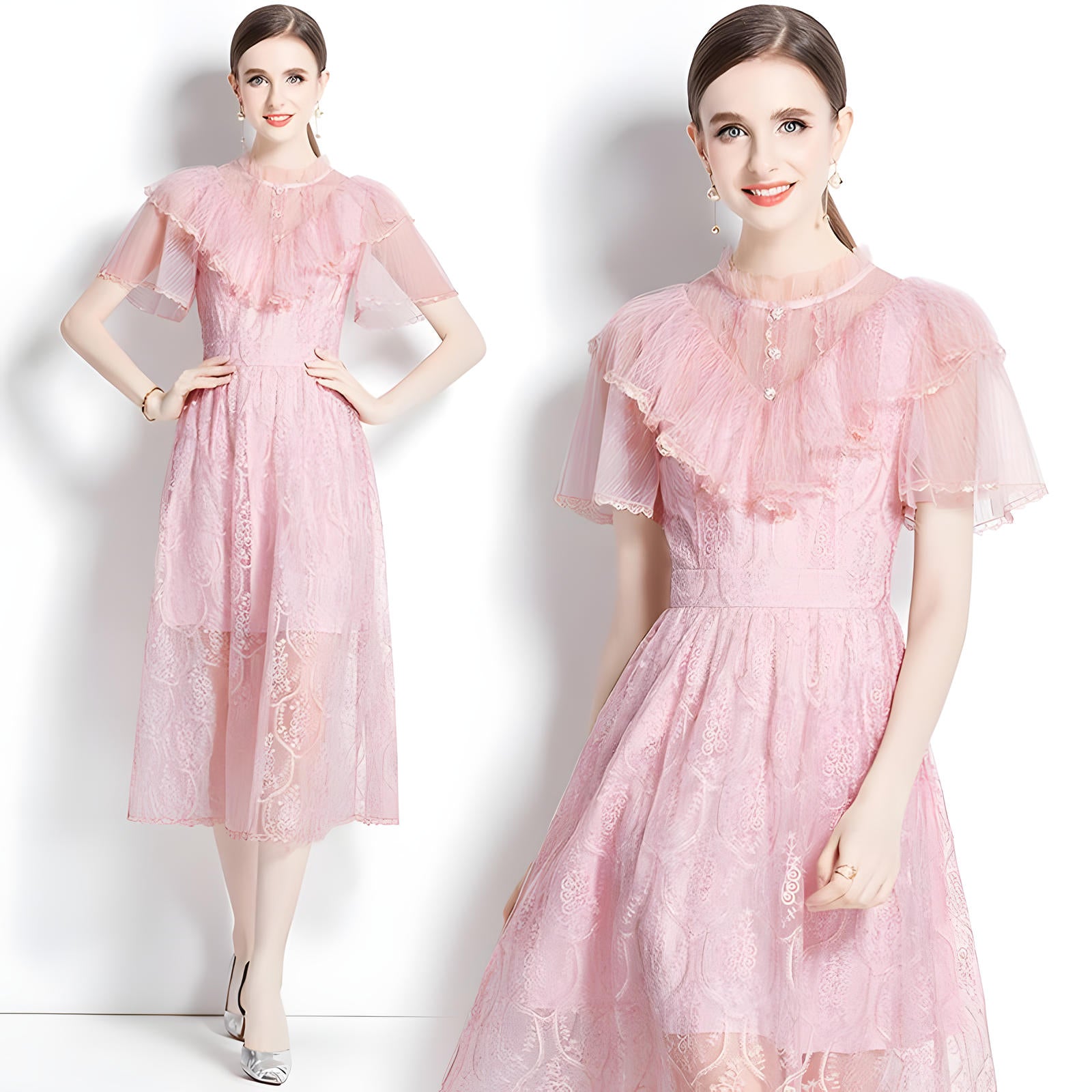 Embroidered French Lace Ruffled Vest High Neck Soft Pink Neck Dress - 728916375940_BAS