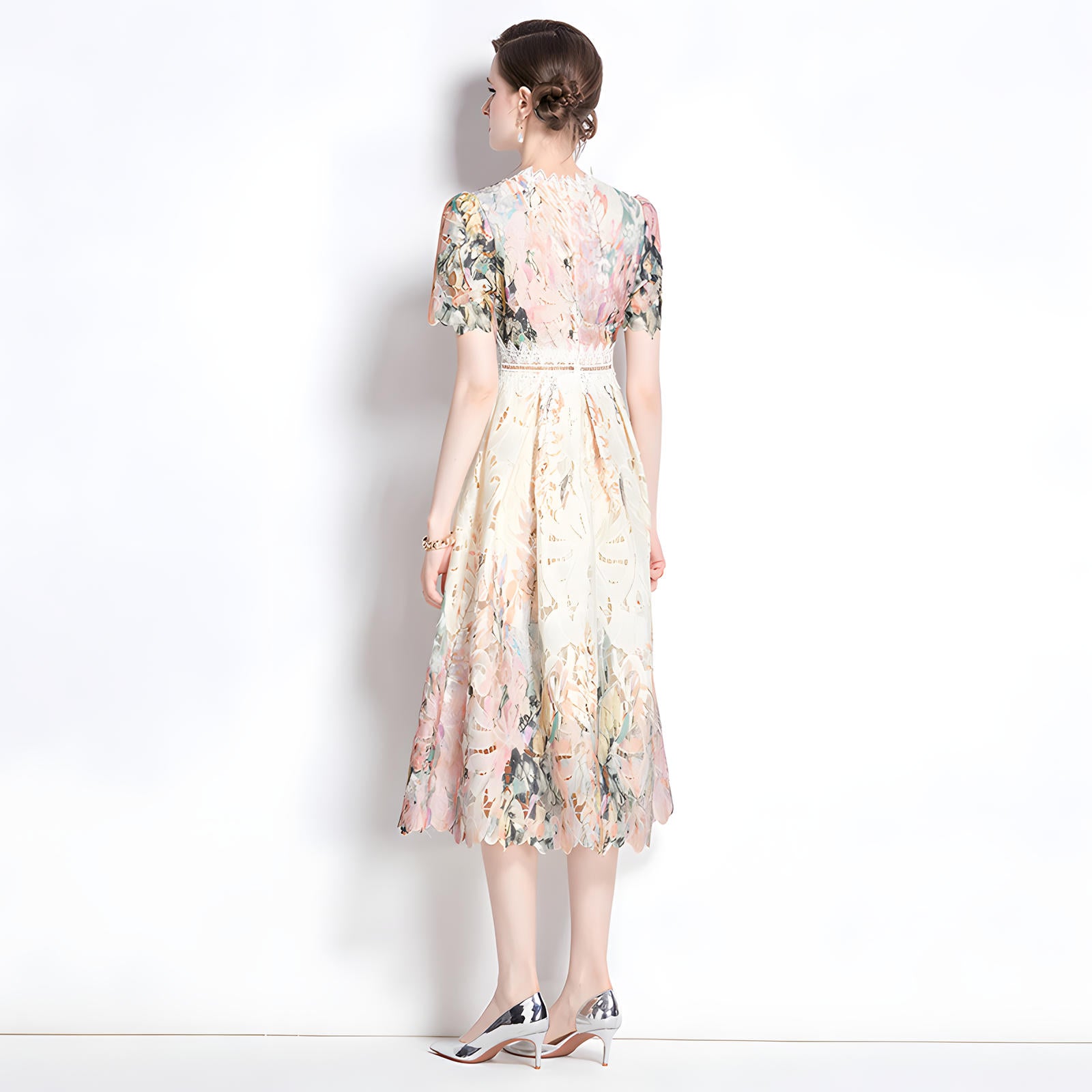 French Printed Flower Lace Jewel Neckline Retro Dress - 795247212577_BAS