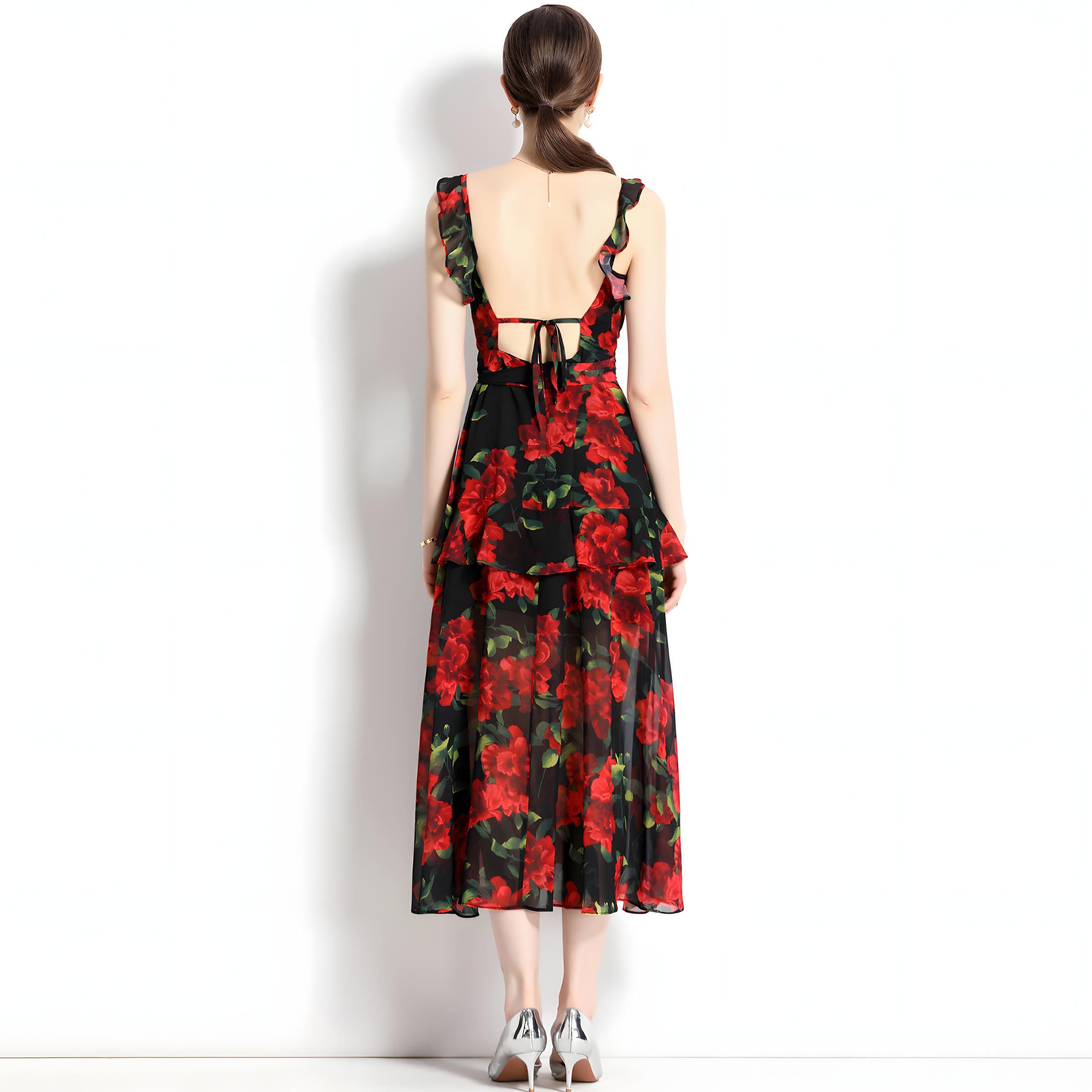 Printed Chiffon Floral Long Skirt Beach Vacation Suspender Dress With Wrap Up Belt - 715132626392_BAS