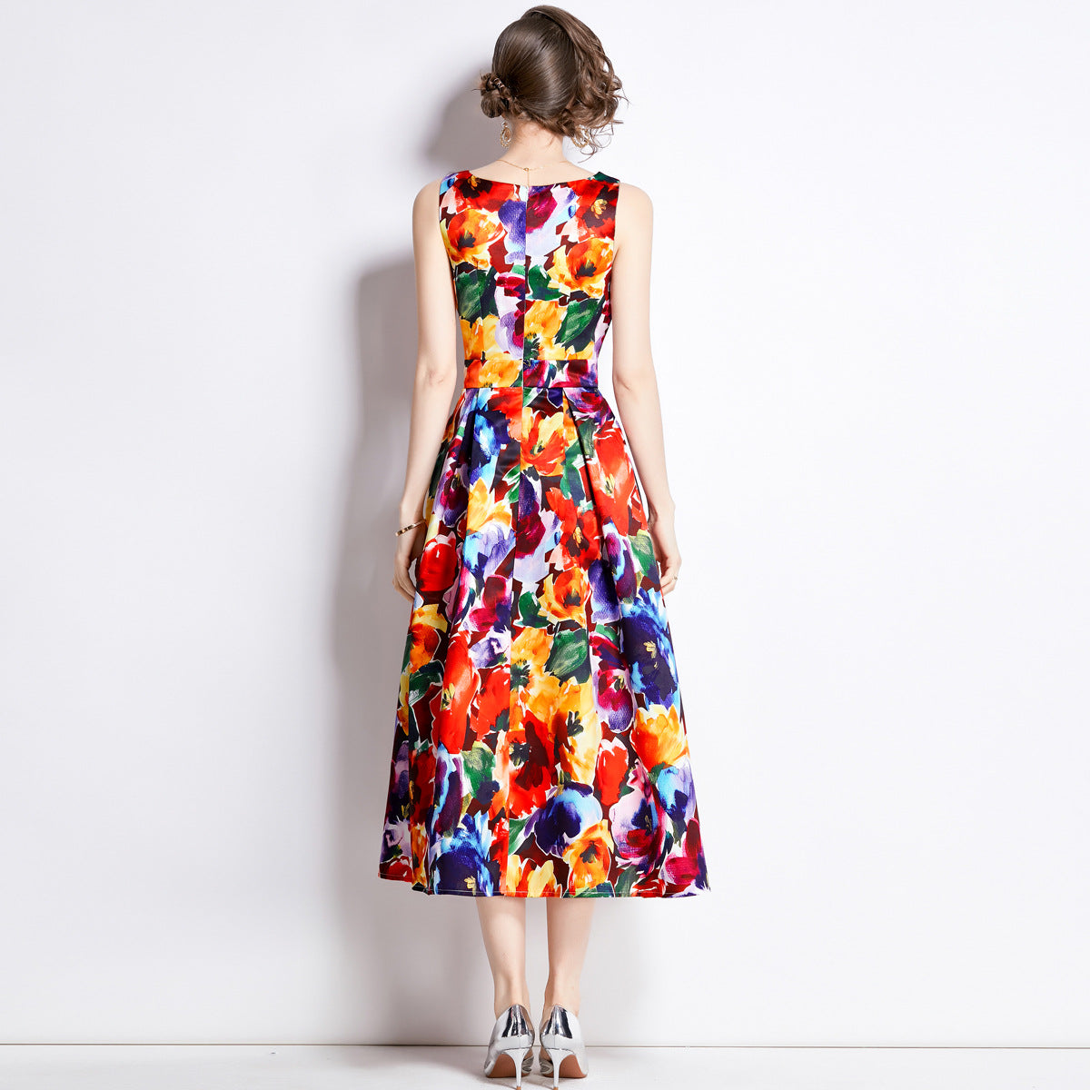 Sleeveless Boat Neck Fitted Vest Box Pleated Skirt Printed Satin Dress - 892#701