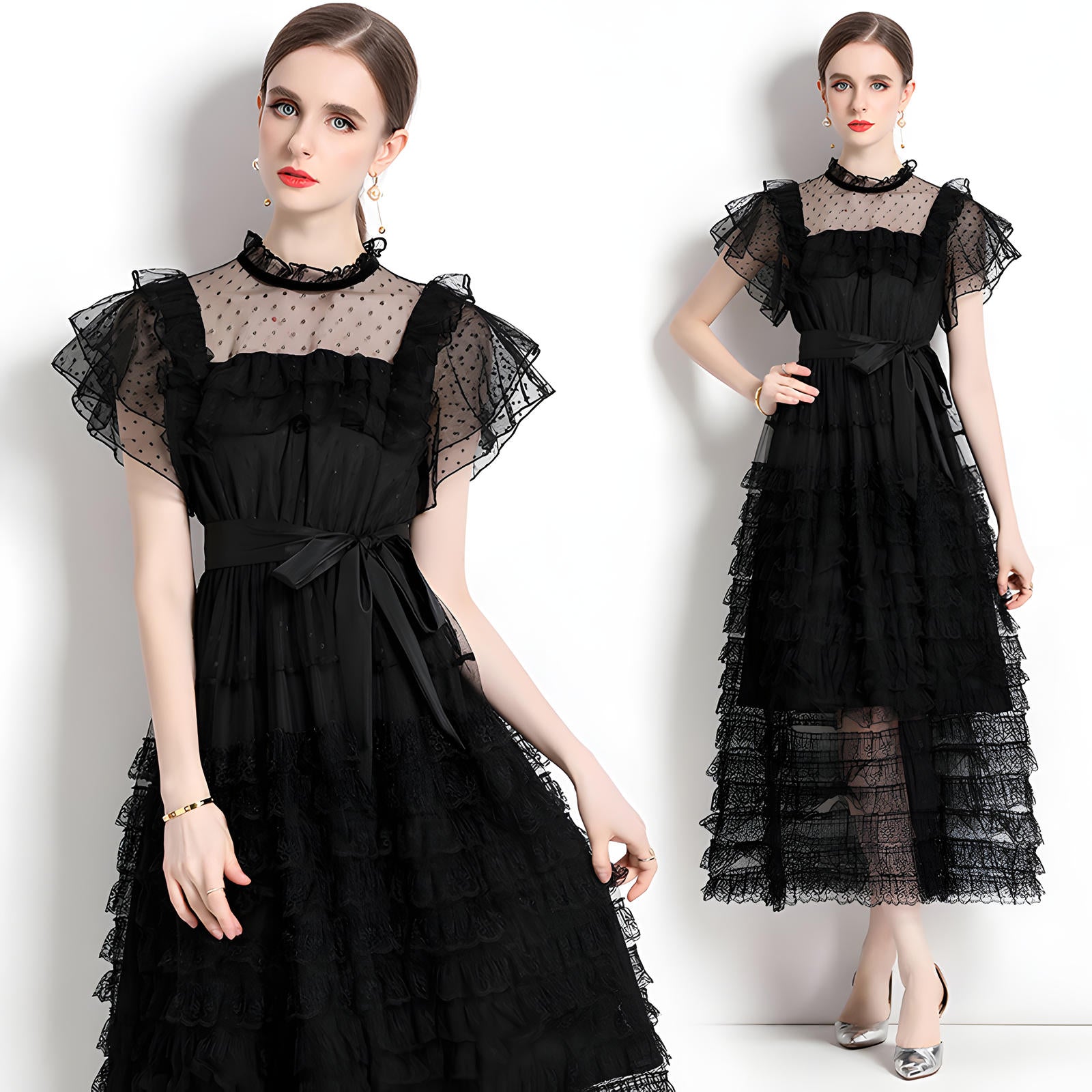 High Neck Polka Dot Mesh Multitier Skirt Elasticated Waist Butterfly Sleeve Black Dress With Satin Belt - 716644450507_BAS