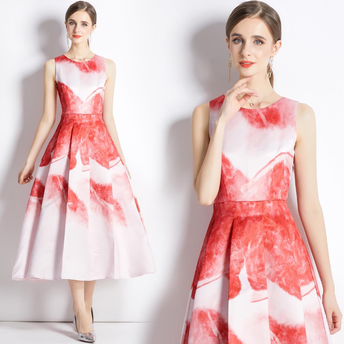 Sleeveless Boat Neck Fitted Vest Box Pleated Skirt Printed Satin Dress - 6182701