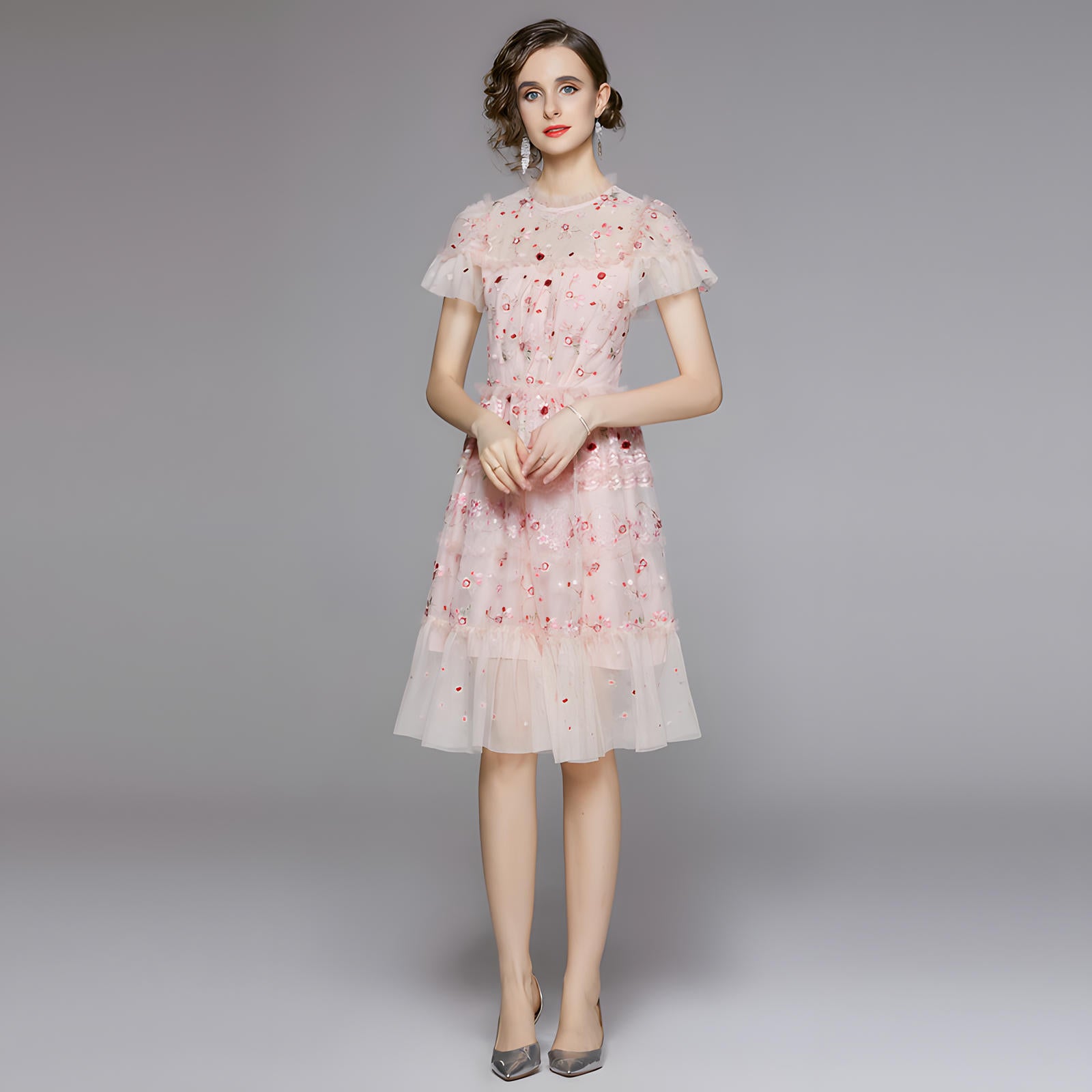 Embroidered Mesh Multitier Ruffled Skirt High Neck Pink Dress - 701166254679_BAS