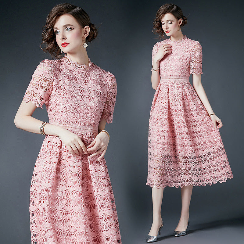 French Crocheted Lace Round Neck A - Line Pink Dress - 780758588212