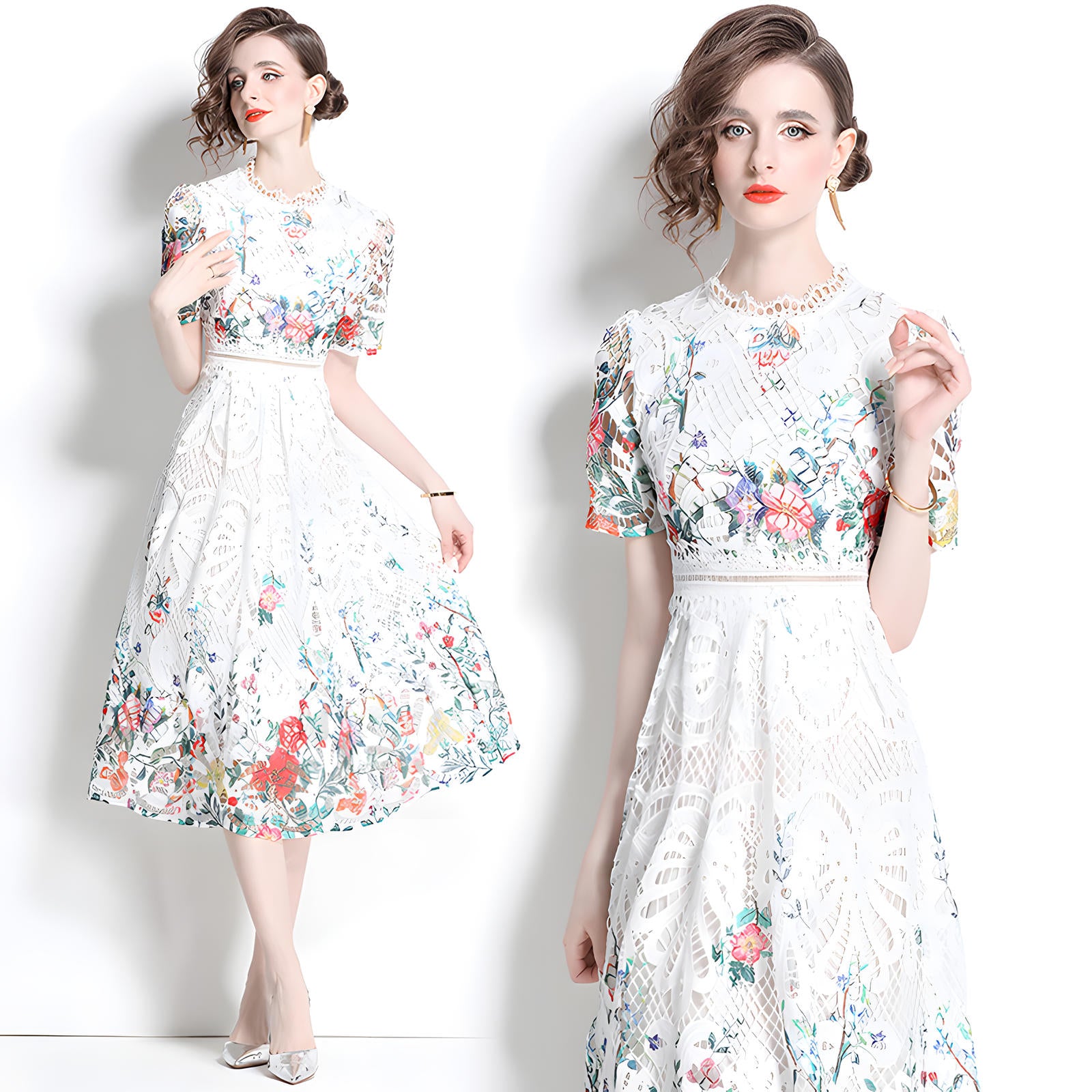 Printed Flower French Lace Jewel Neckline Dress - 802164123981_BAS