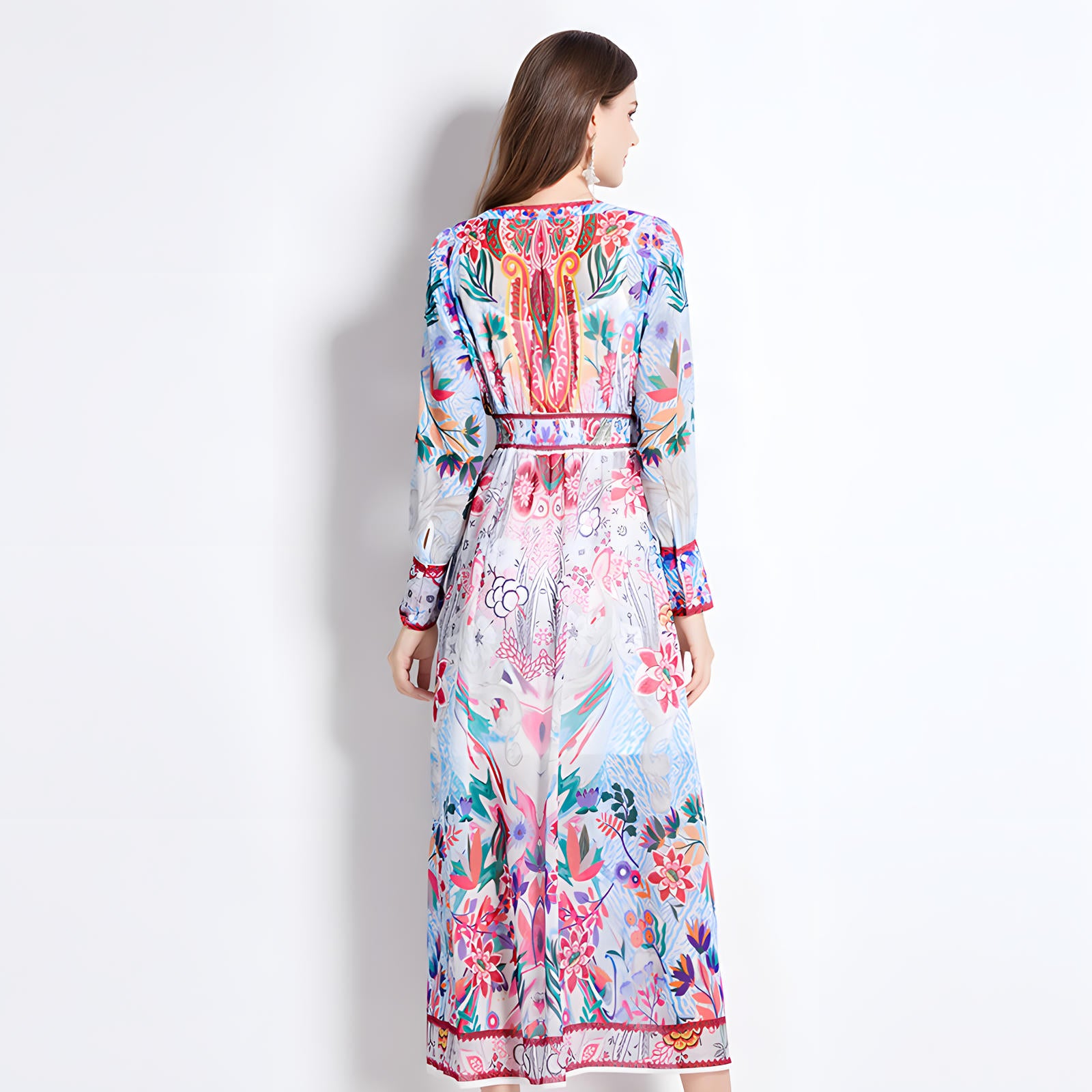 Printed Chiffon Plunging V - Neckline Elasticated Waist Front Split Long Dress - NRJ-720#2494