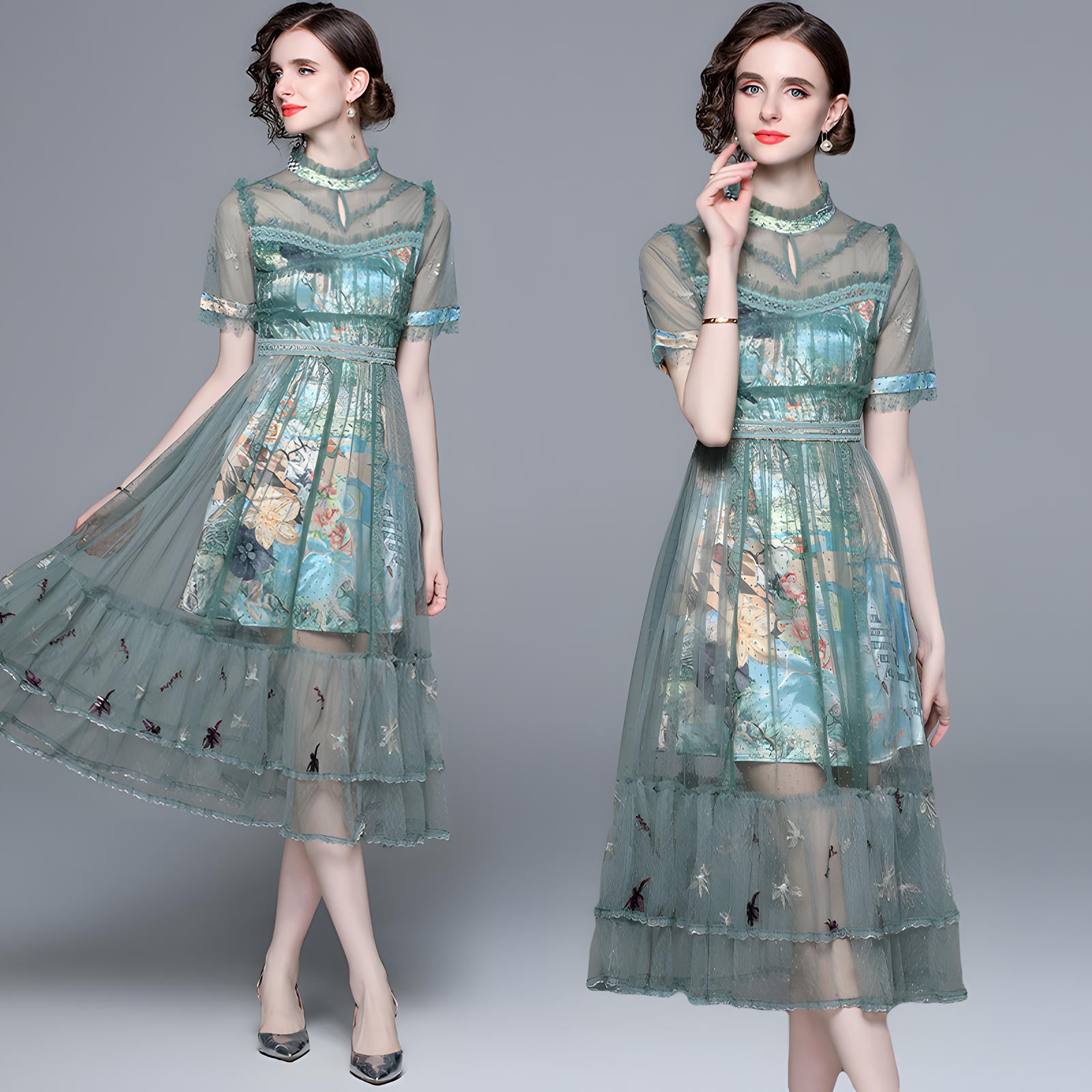 Luxury Silk Thread Embroidery Mesh and Lace Butterfly Sleeve Dress - 6994#616