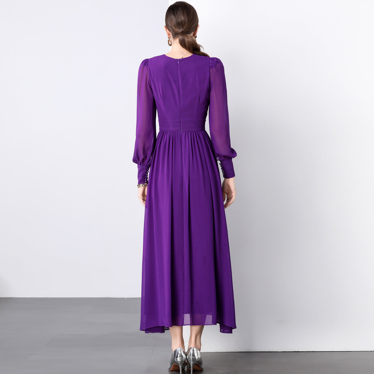 Lantern Sleeve Heat Set Pleated Bust Detailing V-Neck Chiffon Dress - 833281815952_PUR