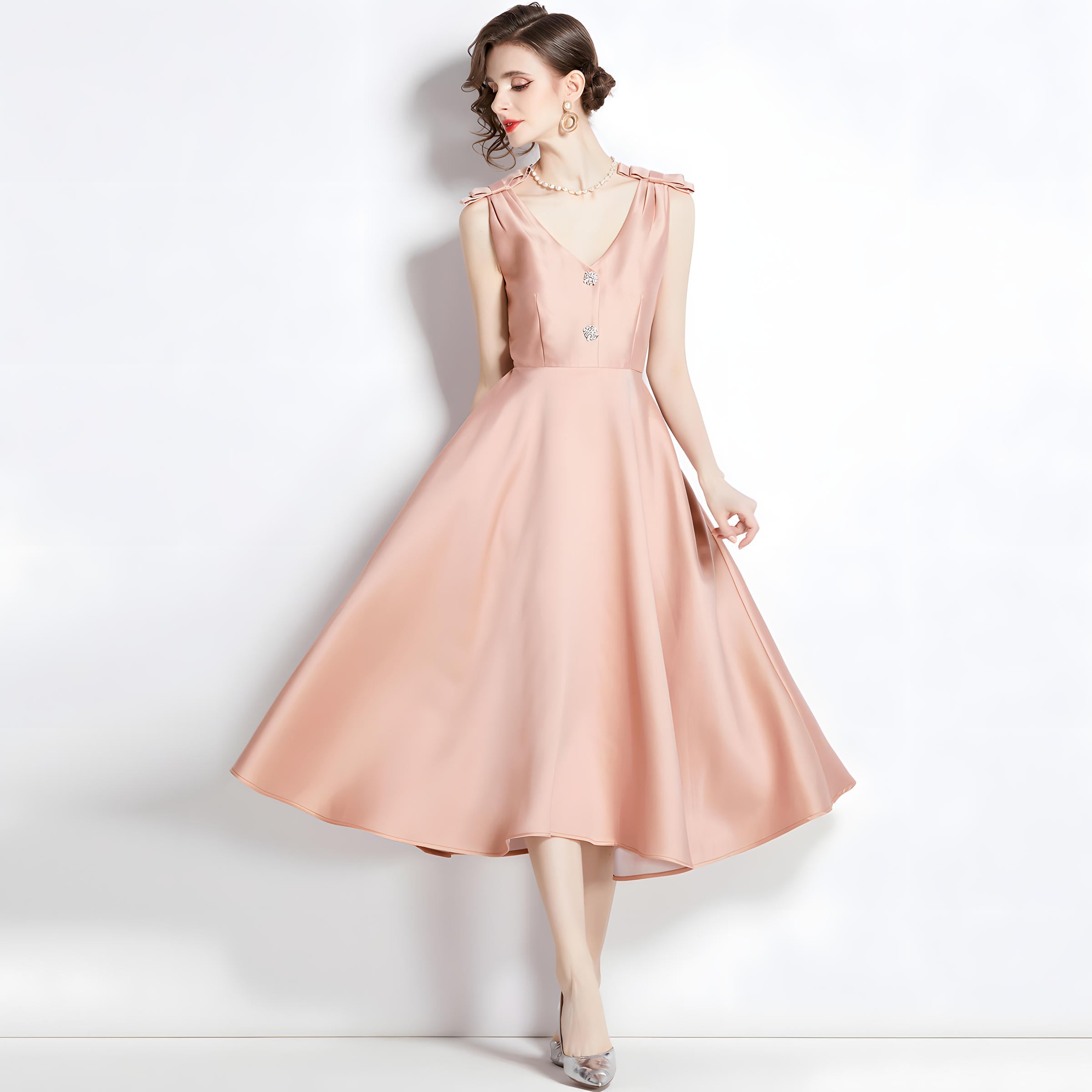 Hepburn Style Shoulder Bow V Neck Solid Peach Satin Dress - 1632#701