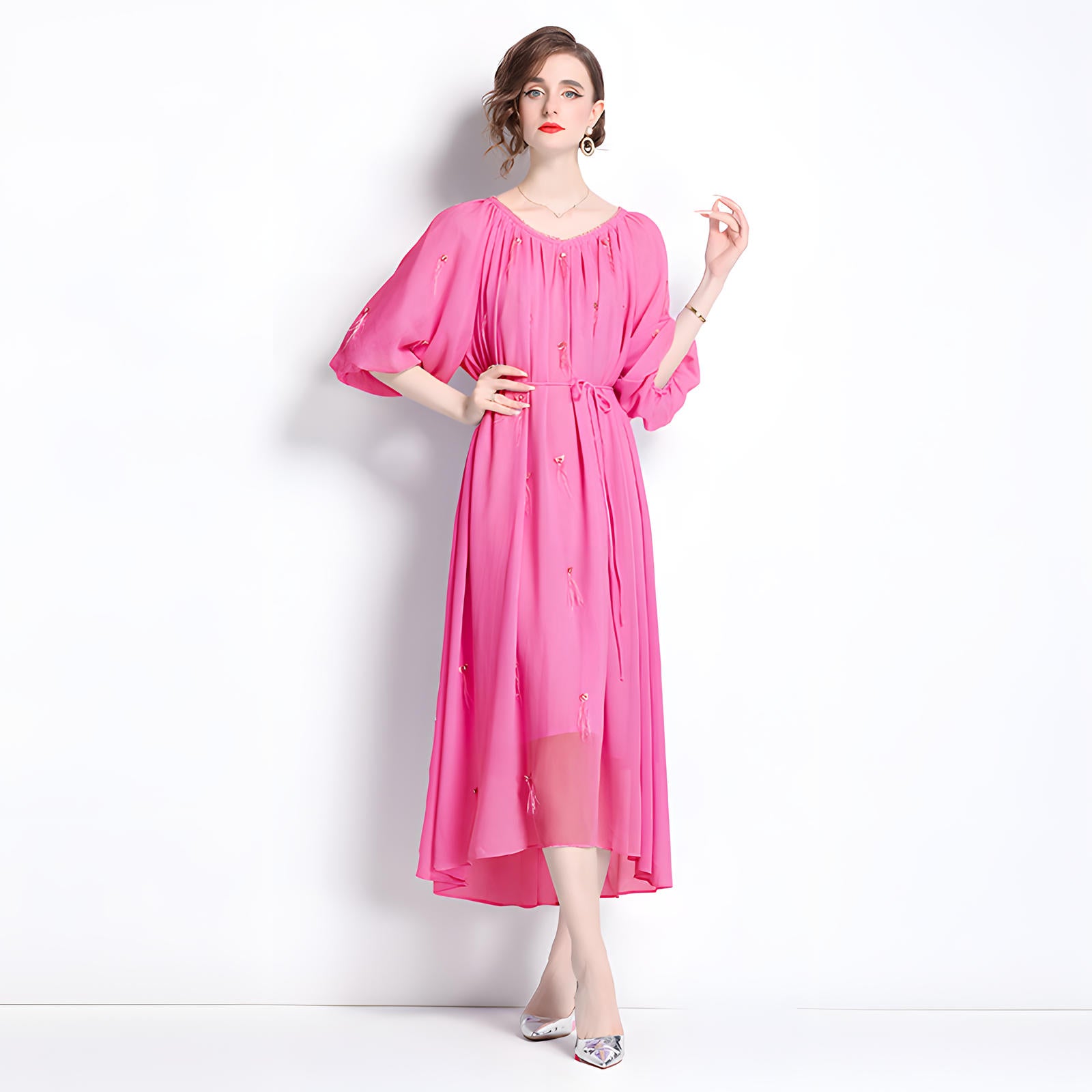 Tassel and Jewel Embellished Rose Red Chiffon Dress - 808431656493_ROS
