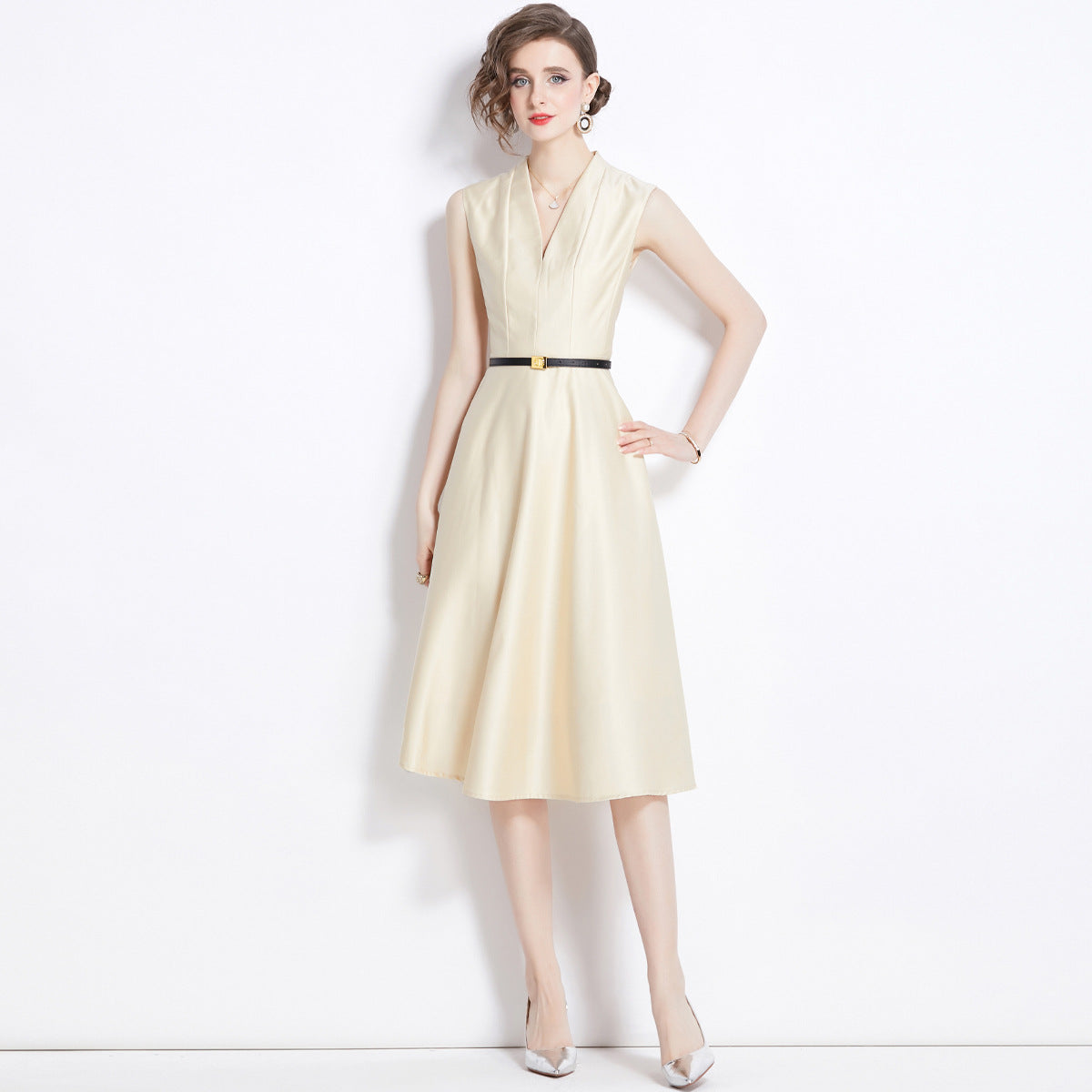 Sleeveless Halter Neck Fitted Vest Satin Solid Apricot Dress With Belt - 5801#701_APR