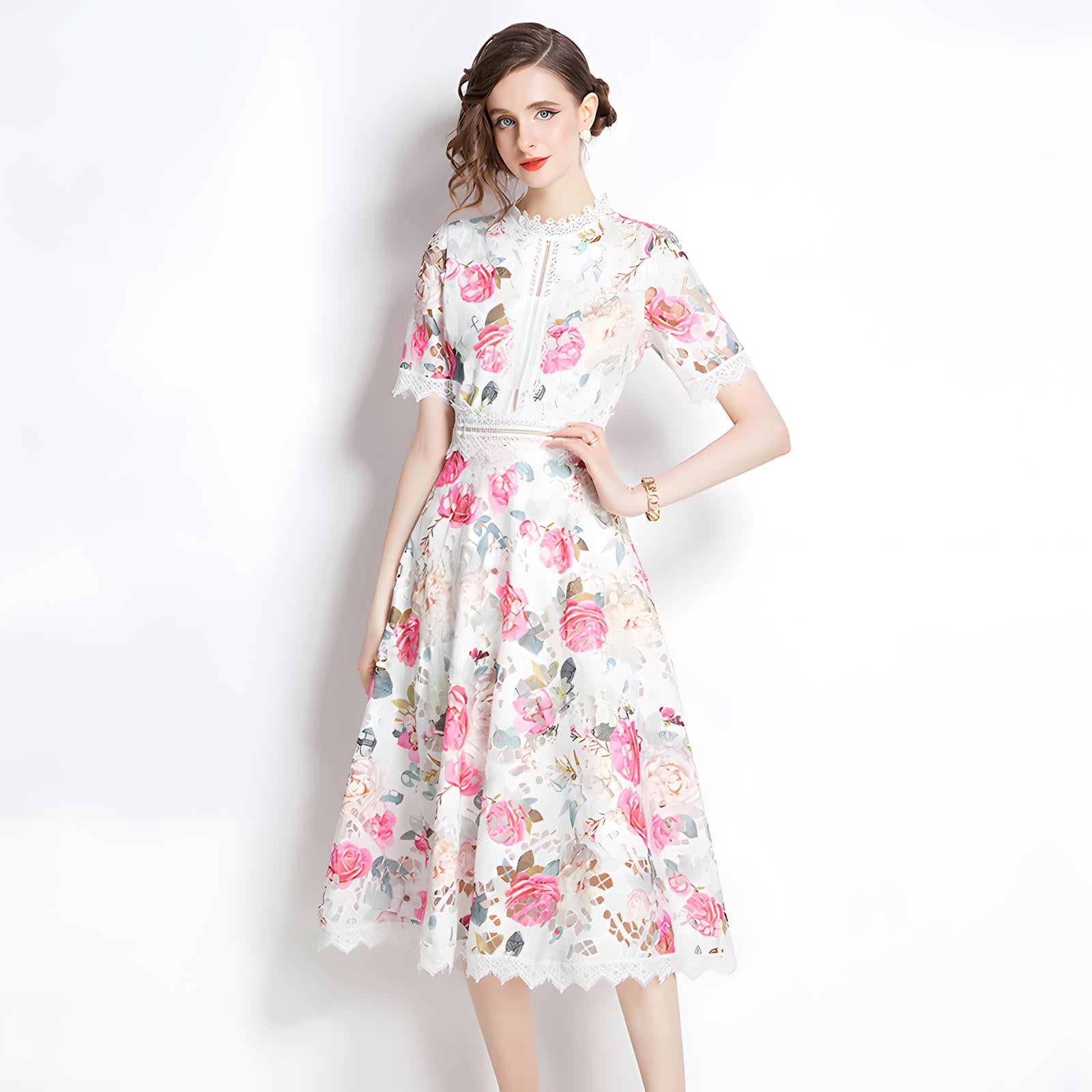 French Printed Flower Lace Jewel Neckline Retro Dress - 795039331524_BAS