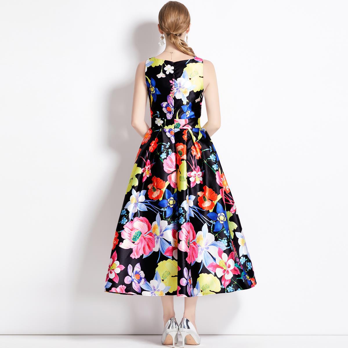 Sleeveless Boat Neck Fitted Vest Box Pleated Skirt Printed Satin Dress - 9084#701