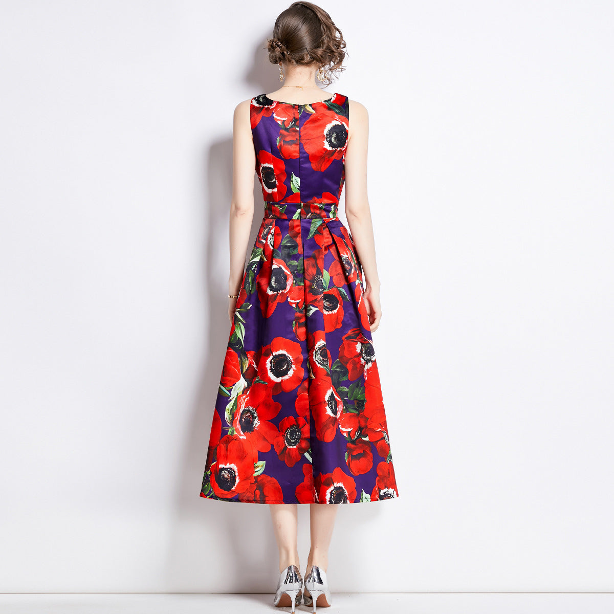 Sleeveless Boat Neck Fitted Vest Box Pleated Skirt Printed Satin Dress - 896#701