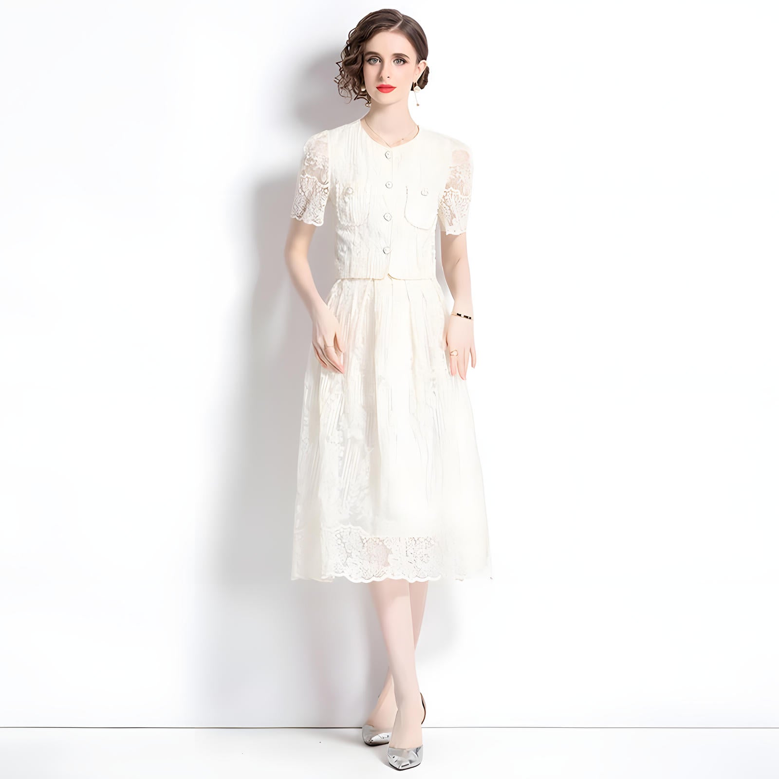 Embroidered French Lace Single Breasted Blouse and Skirt Two Piece Set - 8562#607_WHITE