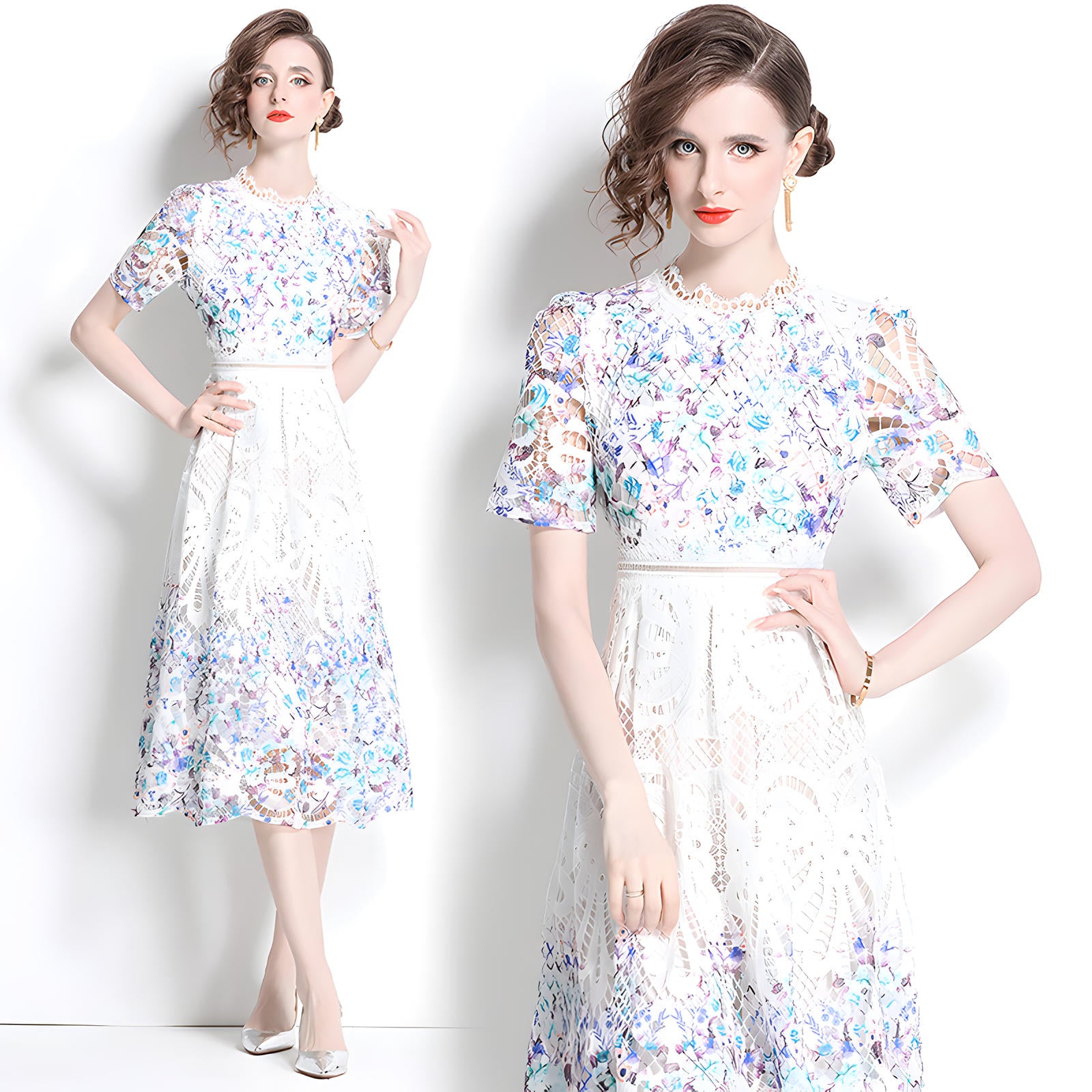 Printed Flower French Lace Jewel Neckline Dress - 800142260923_BAS