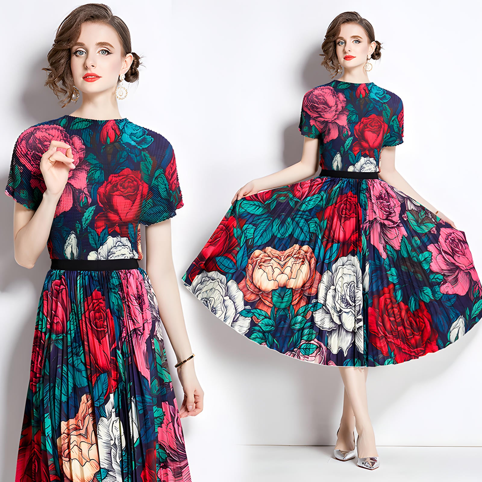 Floral Symphony Miyaki Fold Blouse Pleated Skirt Two Piece Chiffon Set - 777097211005_BAS