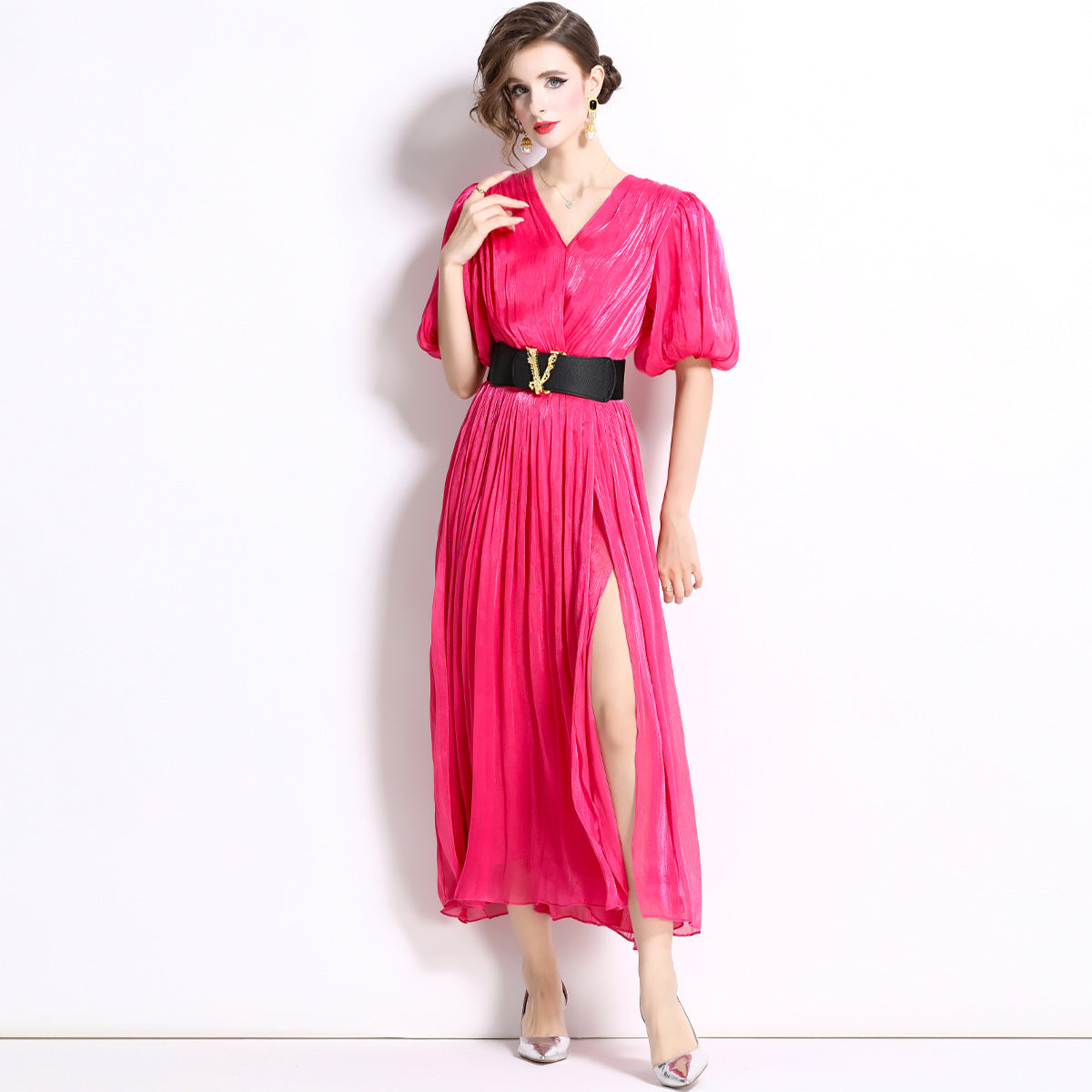 Glossy Pearlescent Chiffon Satin Fabric Lantern Sleeve Rose Red Dress with Belt - 826597659866_BAS