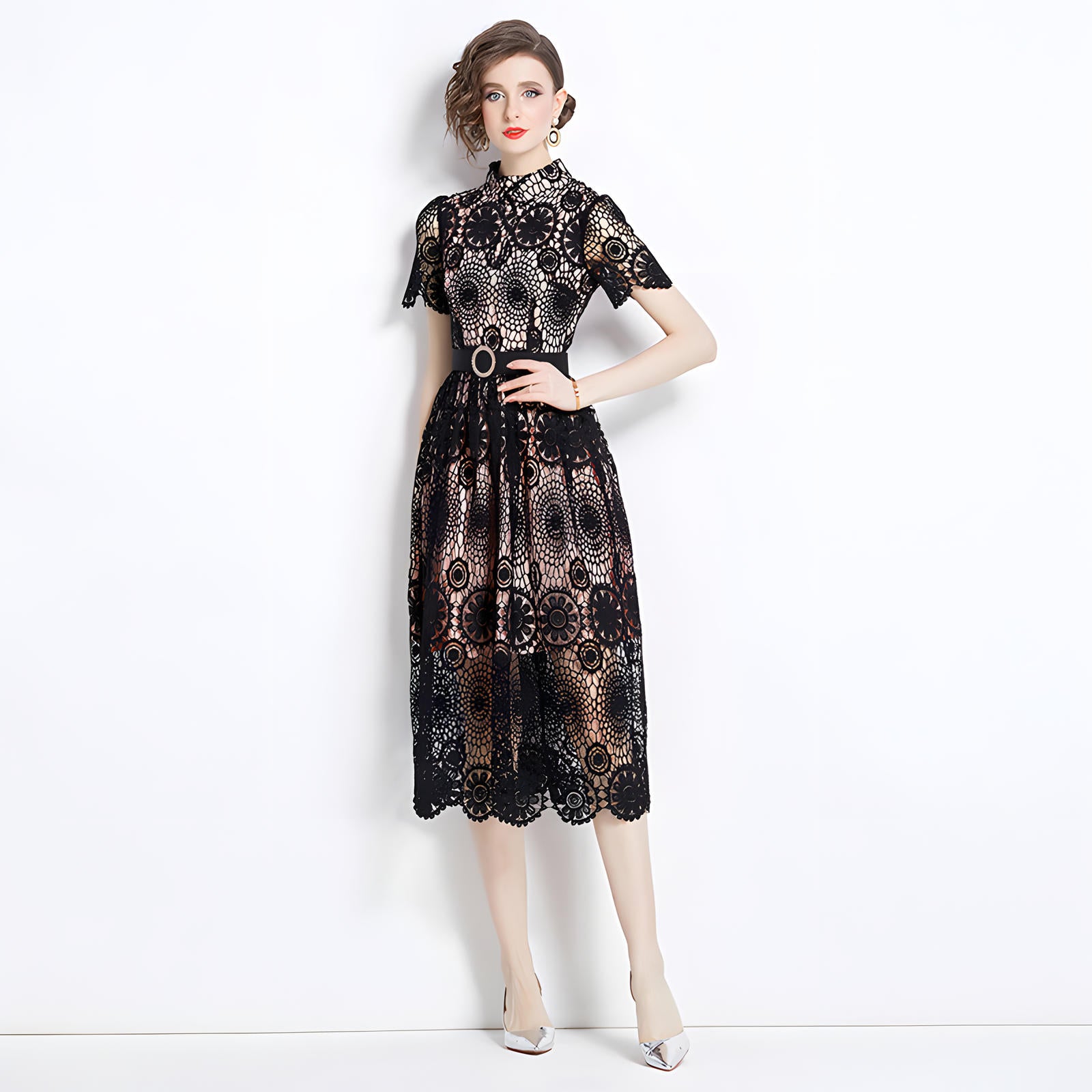 Luxury French Lace High Neck Front Button Black Dress With Belt - 500#609_BLA